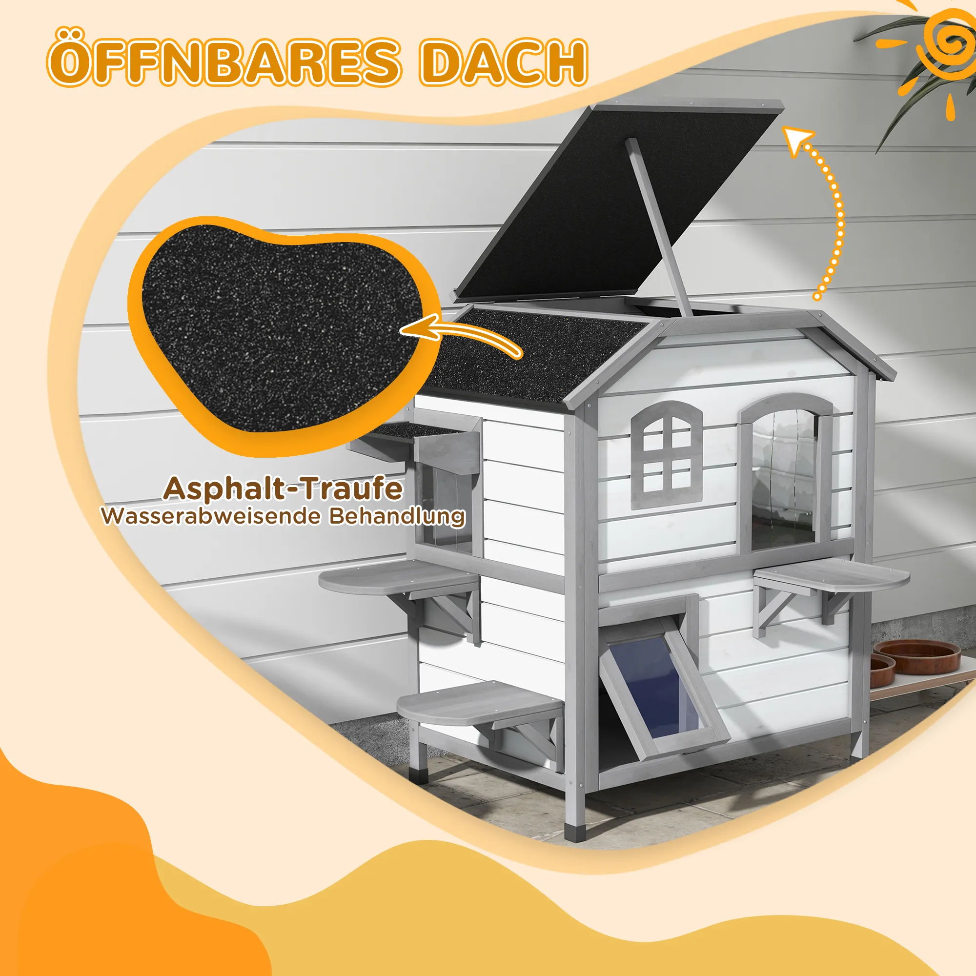 Katzenhaus aus Tannenholz 99,5x76x91 cm in Hellgrau+Weiß