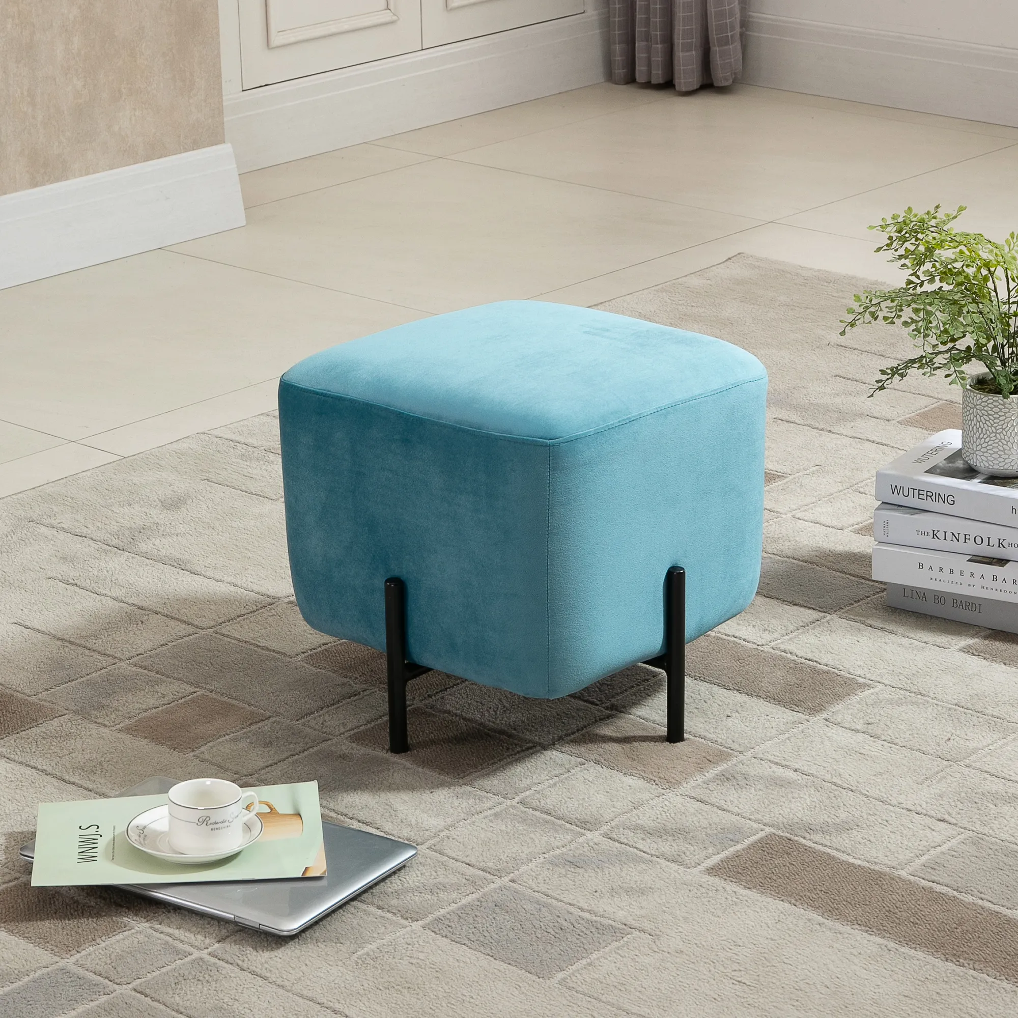 Fußhocker Fußstütze gepolstert Polyester Stahl Schaumstoff Türkis 44,5 x 44,5 x 41,5 cm