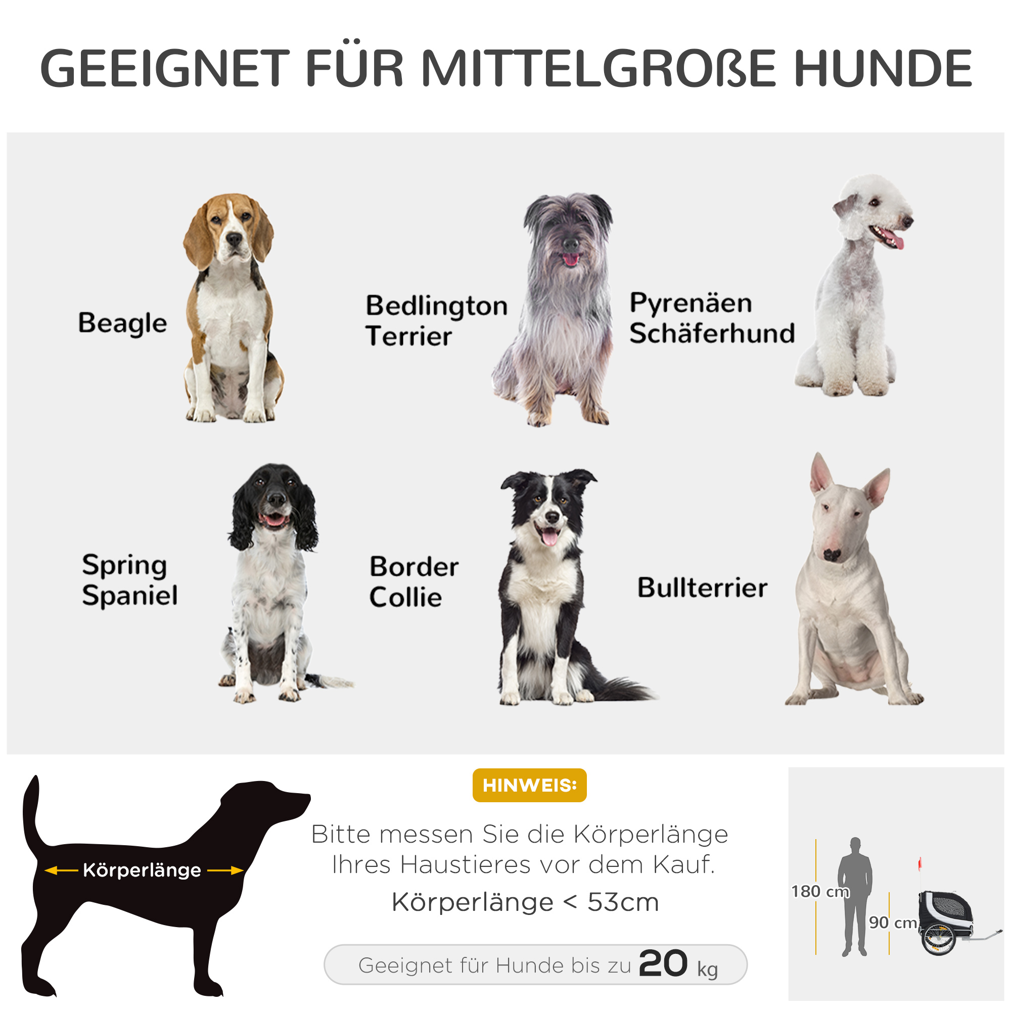 Hundeanhänger für Fahrrad bis 20kg mit Universalkupplung Weiß-Schwarz