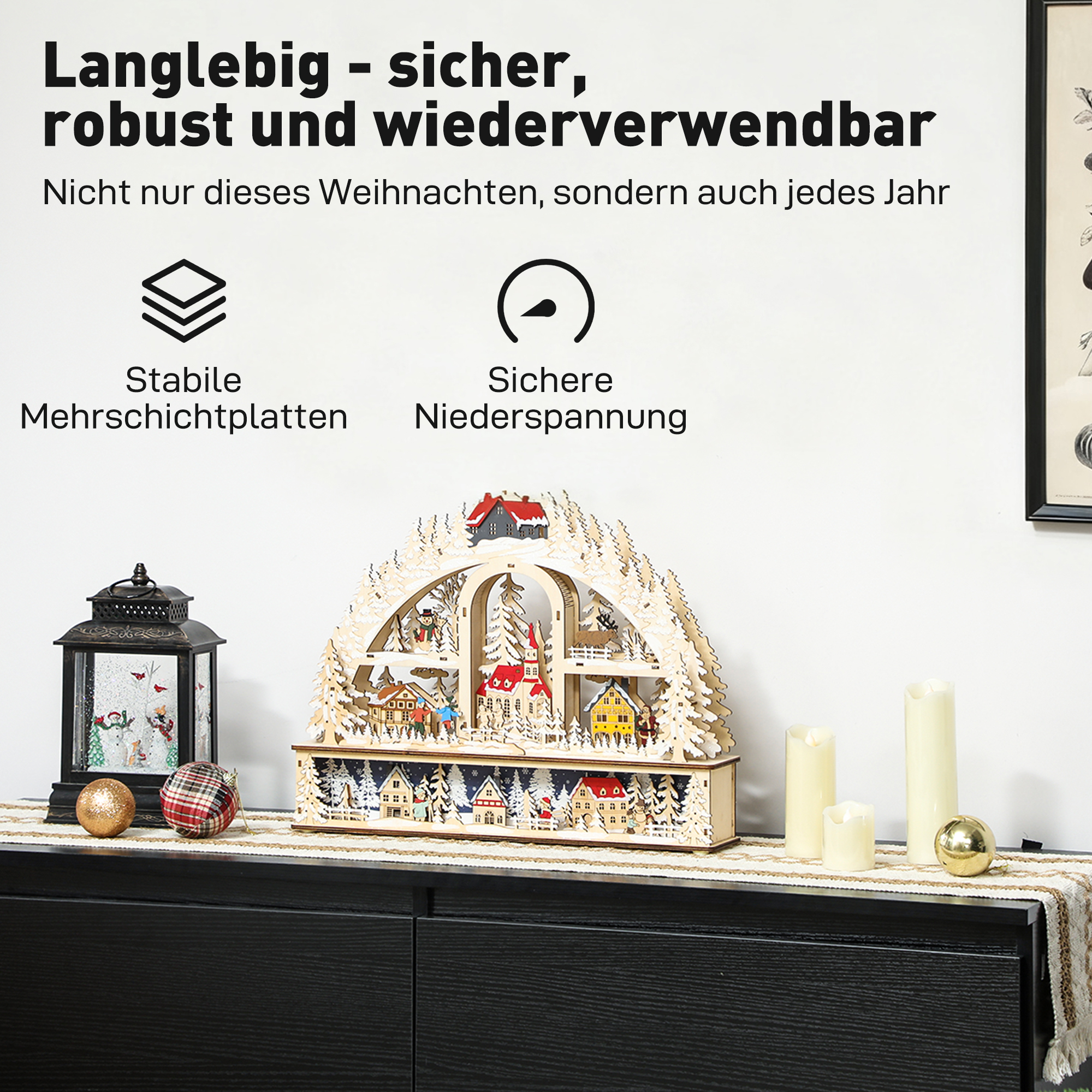 Weihnachtsdorf LED Weihnachtsstadt Naturholz 45x10x35 cm