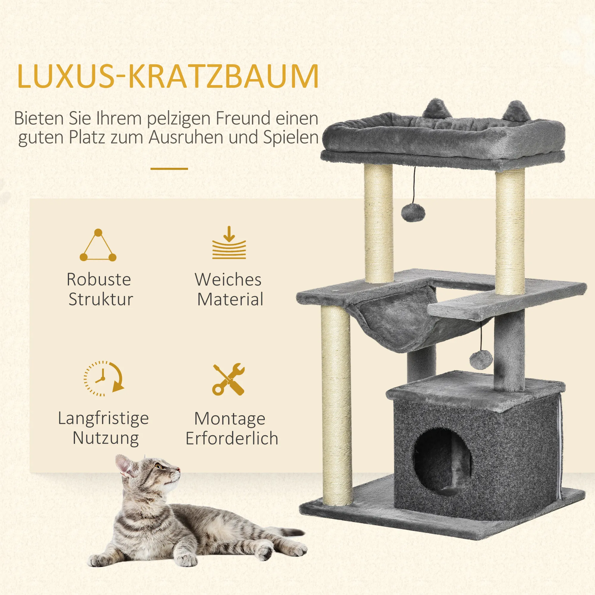 Kratzbaum für Katzen mit Hängematte und Höhle, Plüsch, Grau, 90cm