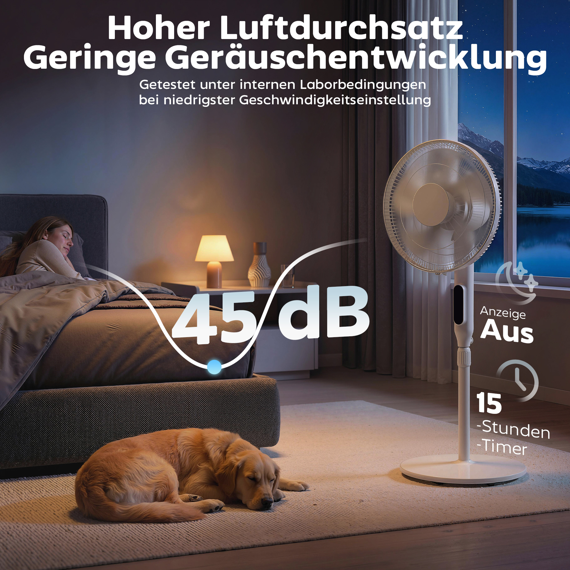 Standventilator mit 15-Stunden-Timer, 85° Oszillation, LED-Bedienfeld, Fernbedienung, weiß