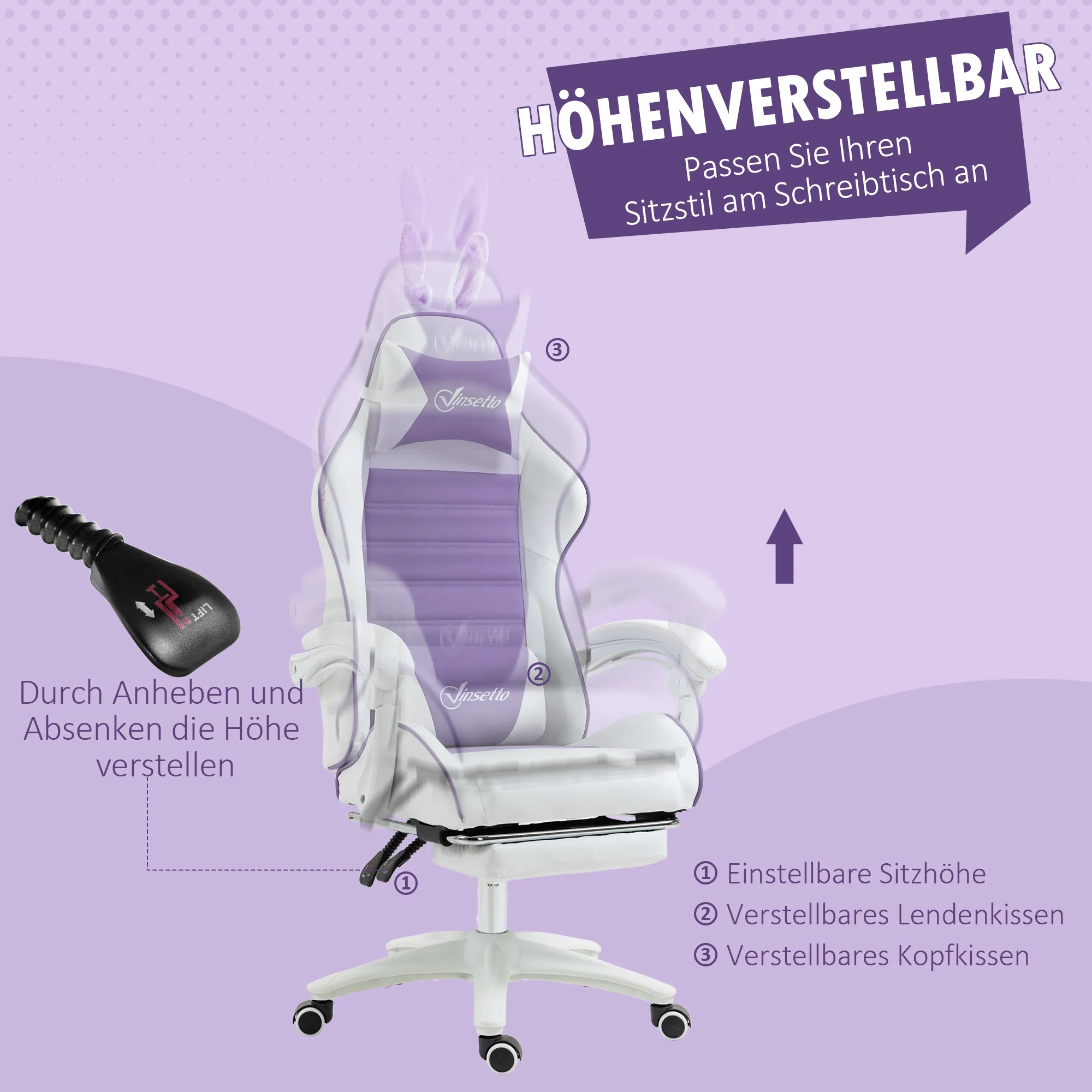 Gaming-Stuhl mit Fußstütze 65L x 63B x 136-142H cm Violett+Weiß