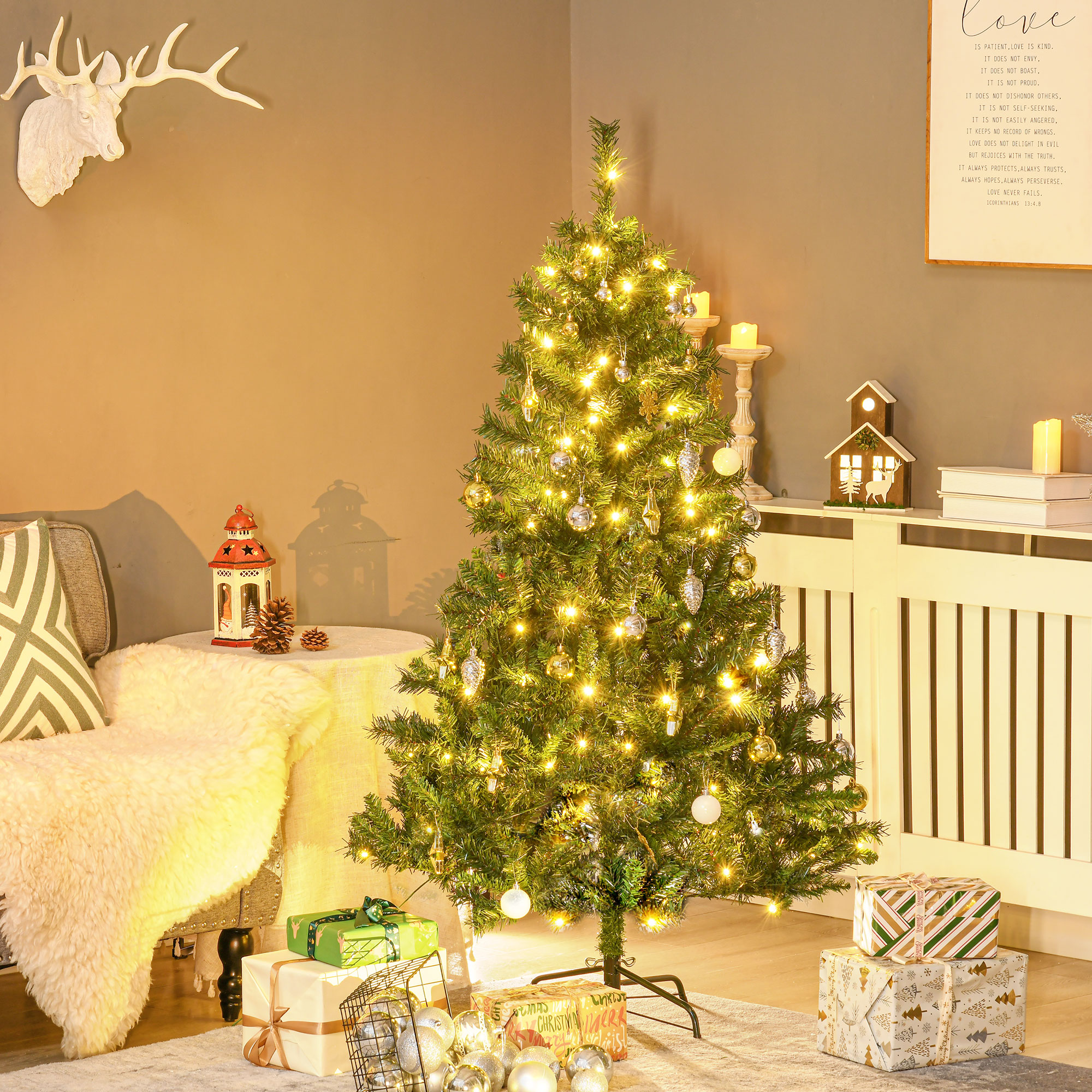 Künstlicher Weihnachtsbaum mit LED-Lichterkette, 150 cm, Grün
