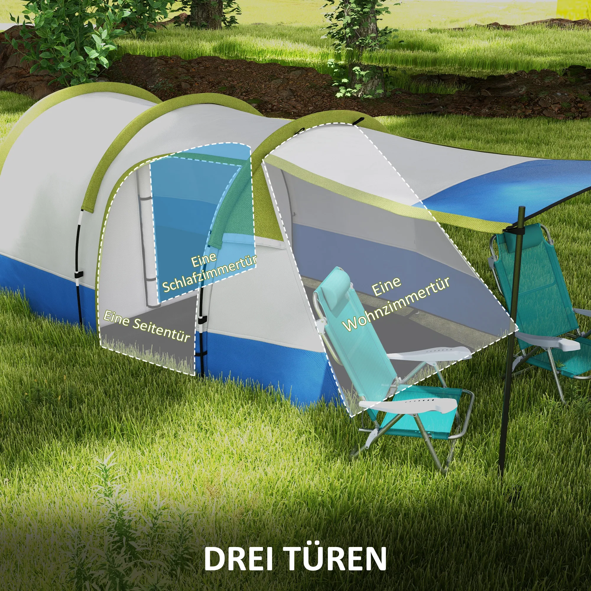Tunnelzelt 4 Personen 420x200x150 cm Grün