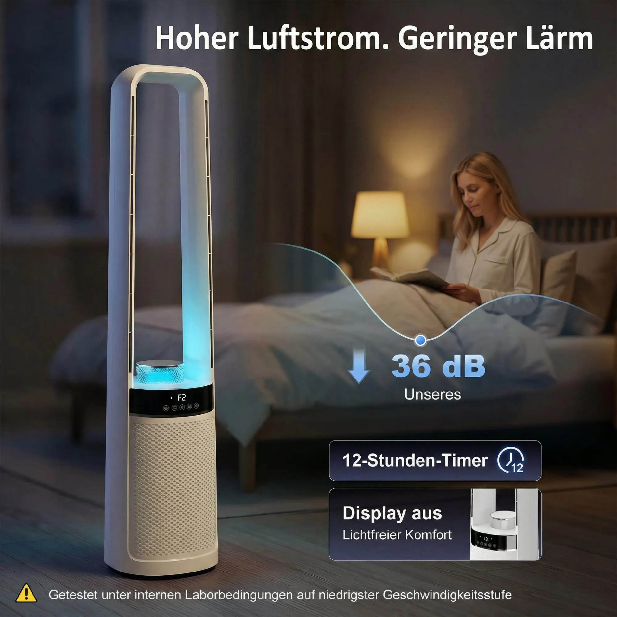 Turmventilator ohne Rotorblätter, mit 45° Oszillation, LED-Licht, 3 Geschwindigkeiten, 12-Std.-Timer, Fernbedienung