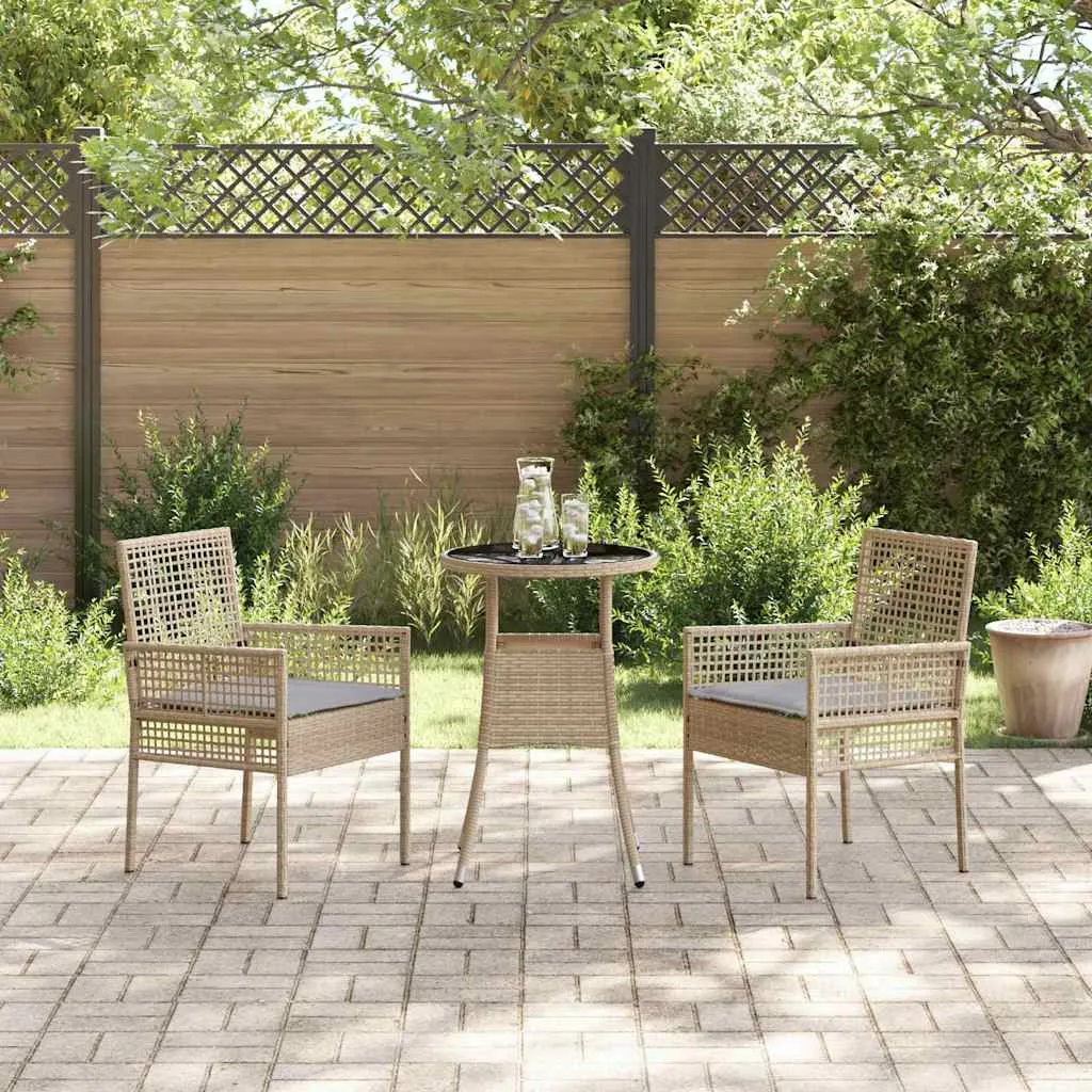 Garten-Esszimmer-Set Poly-Rattan Beige mit 1 Tisch, 2 Stühlen, 2 Kissen