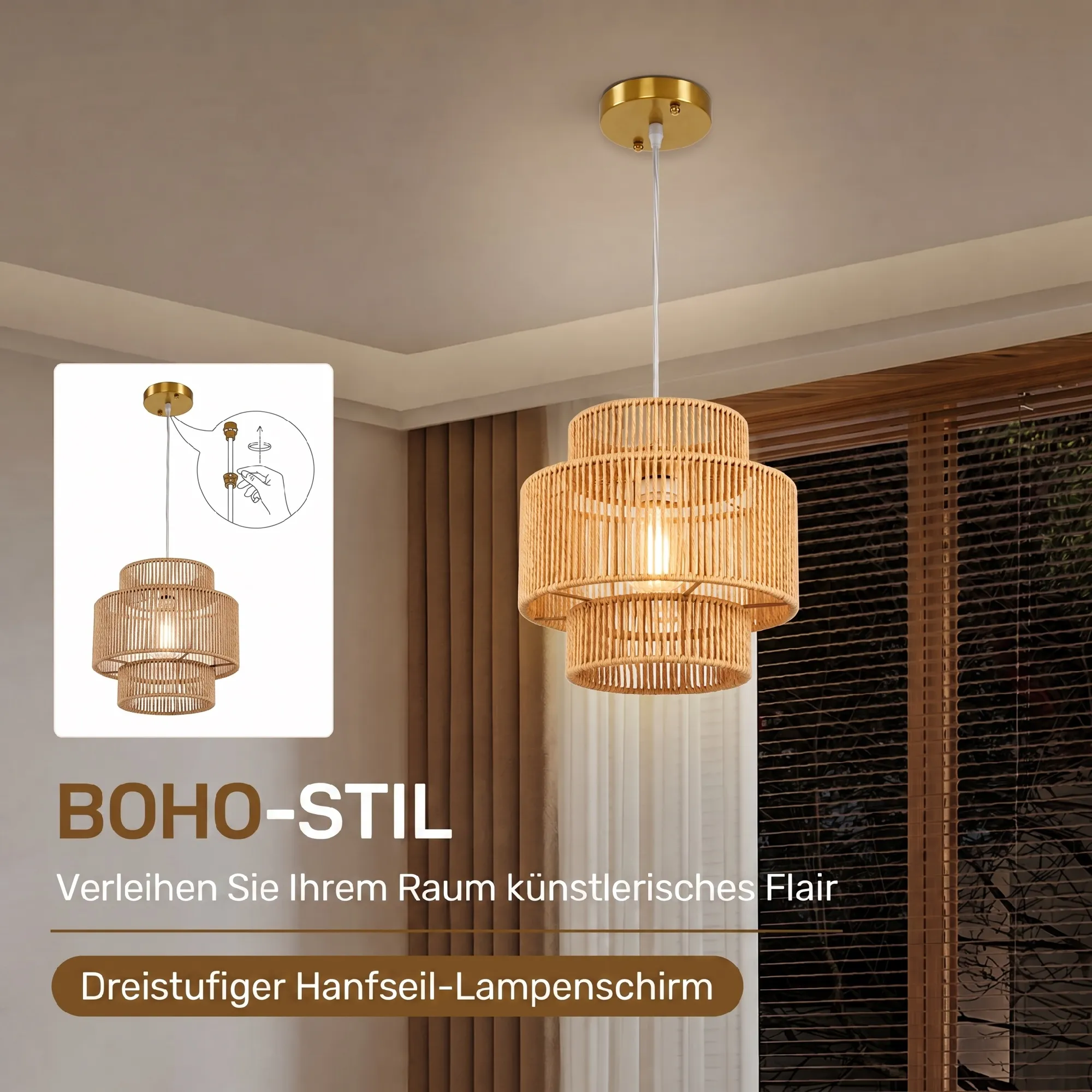 Hängelampe Boho-Stil 3-stufig aus Metall und Hanfseil, Hellbraun