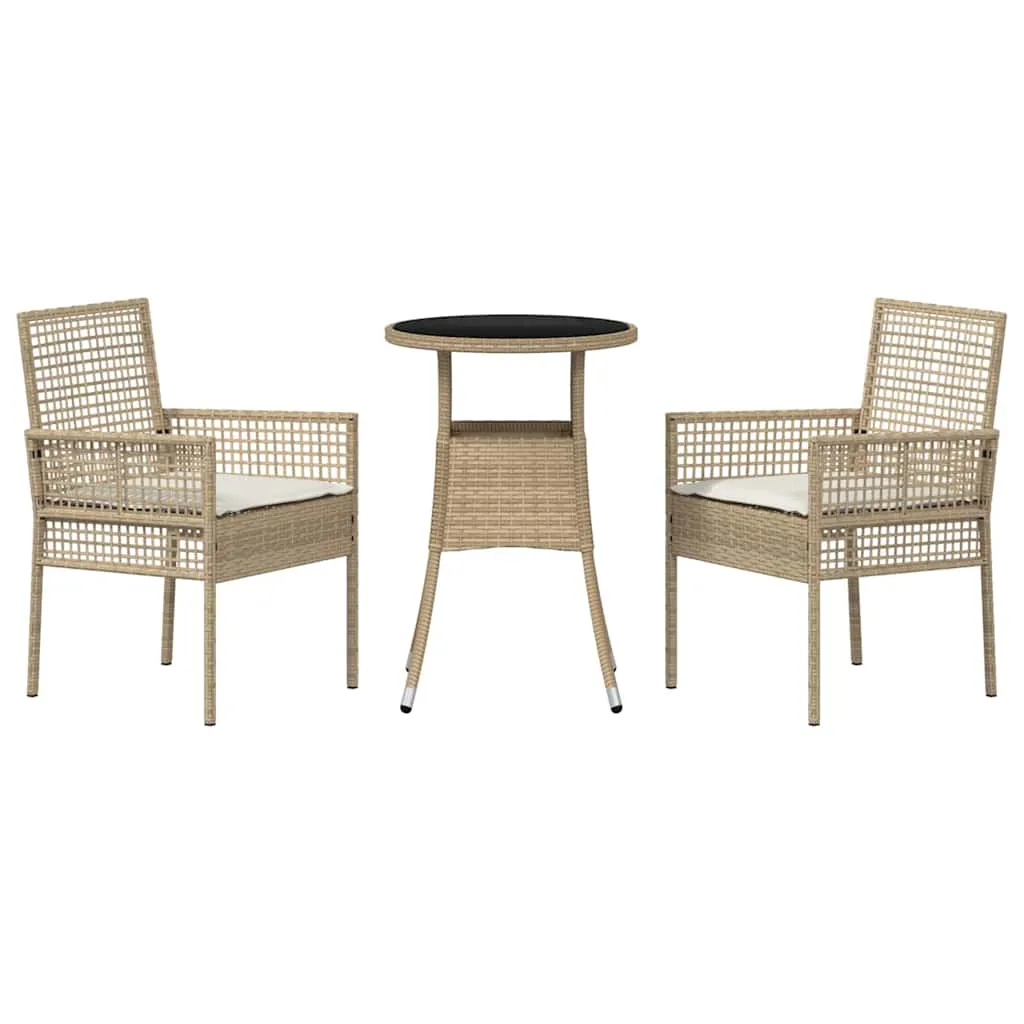 Garten-Esszimmer-Set Poly-Rattan Beige mit 1 Tisch, 2 Stühlen, 2 Kissen