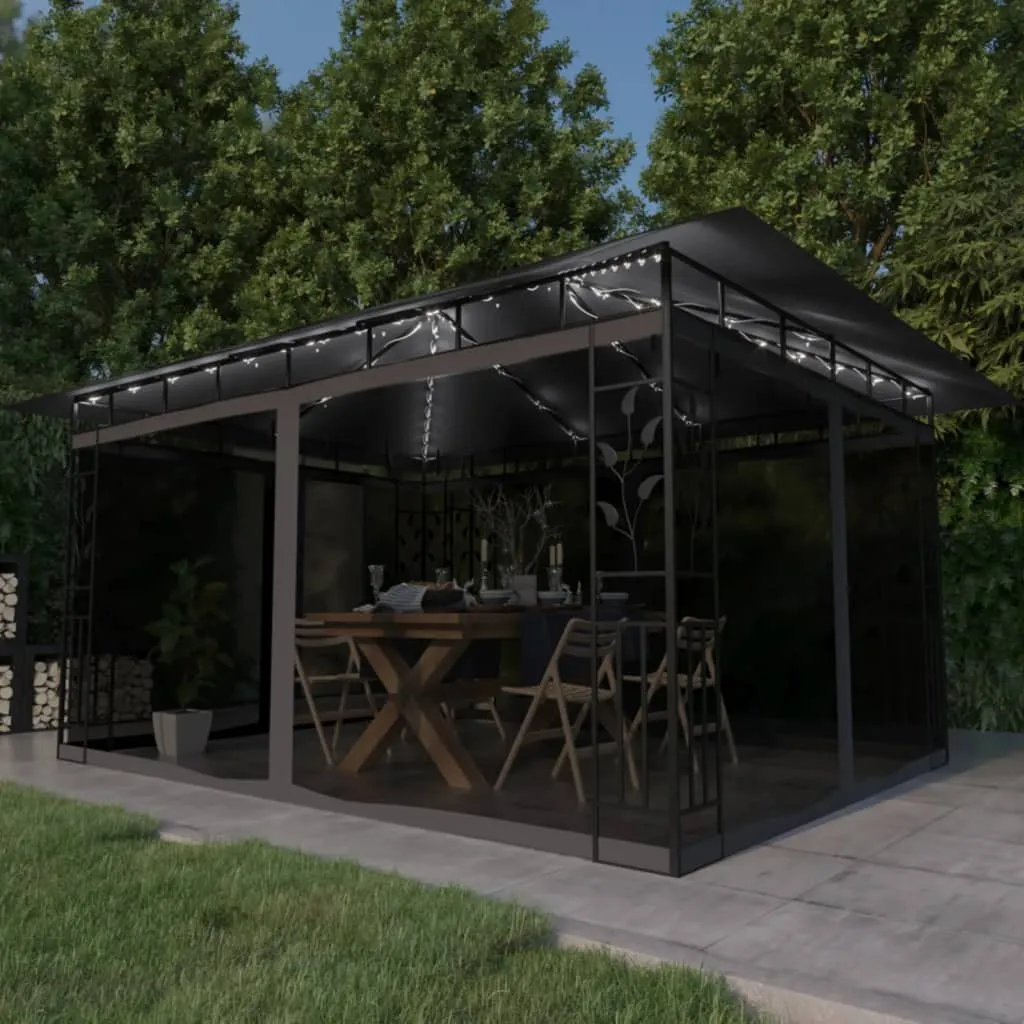 Pavillon Anthrazit 4 x 3 x 2,73 m mit Solar-Lichterkette und Moskitonetz