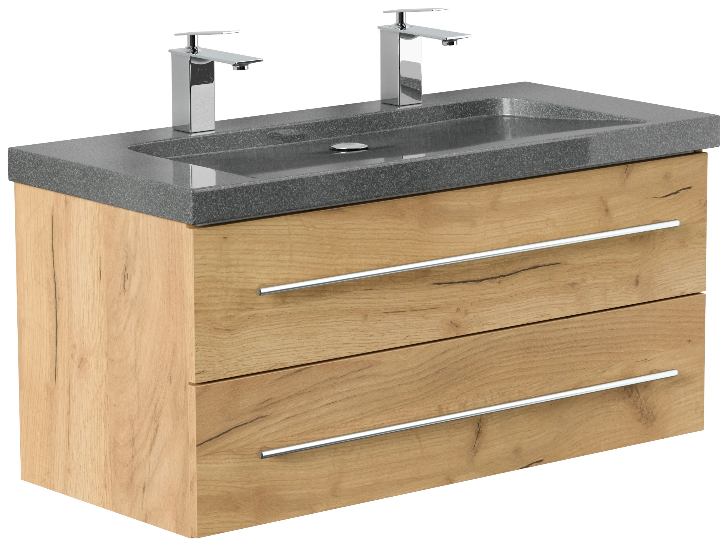 Badmöbel Granit G654 YAMO 100 cm 2 Hahnlöcher SoftClose eiche gold