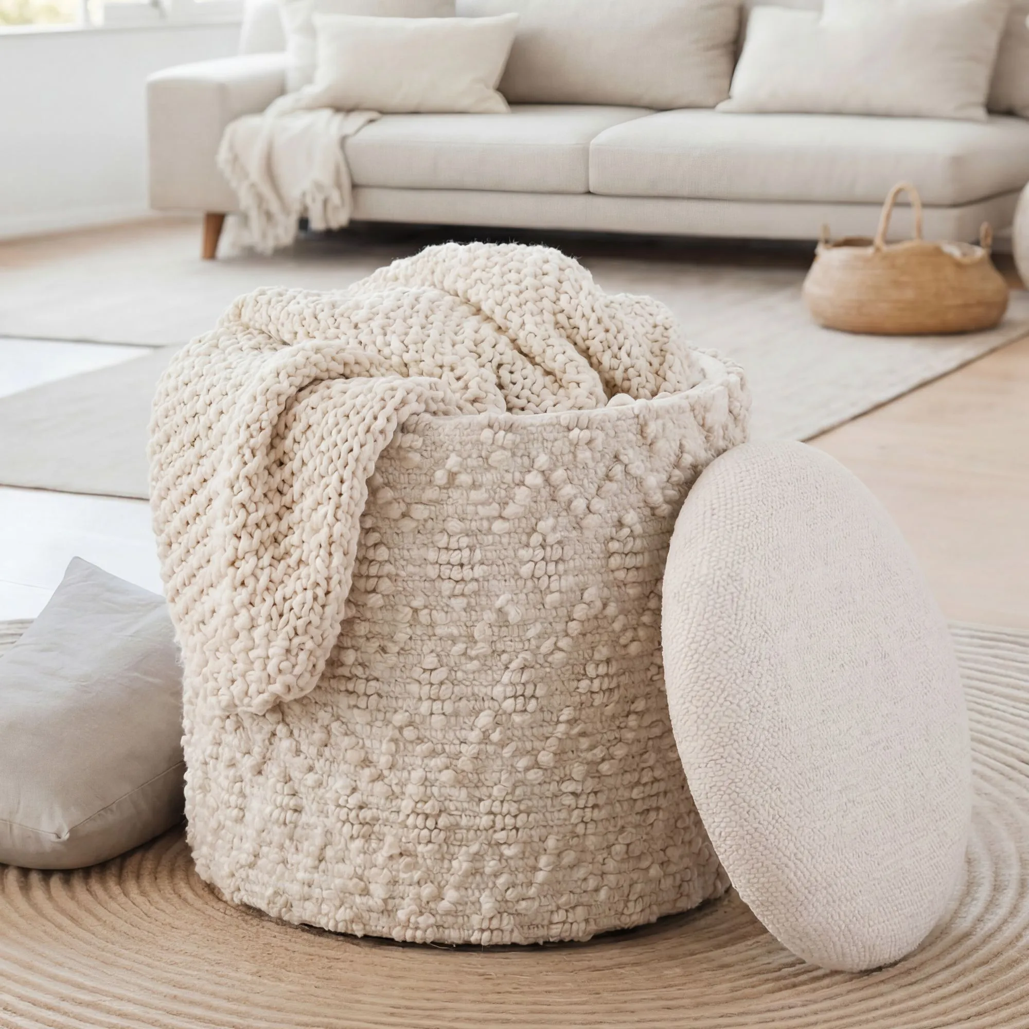 Sitzhocker mit Stauraum aus Wolle 40cm Creme Stoff Rund - Design Boho Stoffhocker mit abnehmbarem Deckel - Polsterhocker Schminktisch Hocker - Beistellhocker für Wohnzimmer Handmade