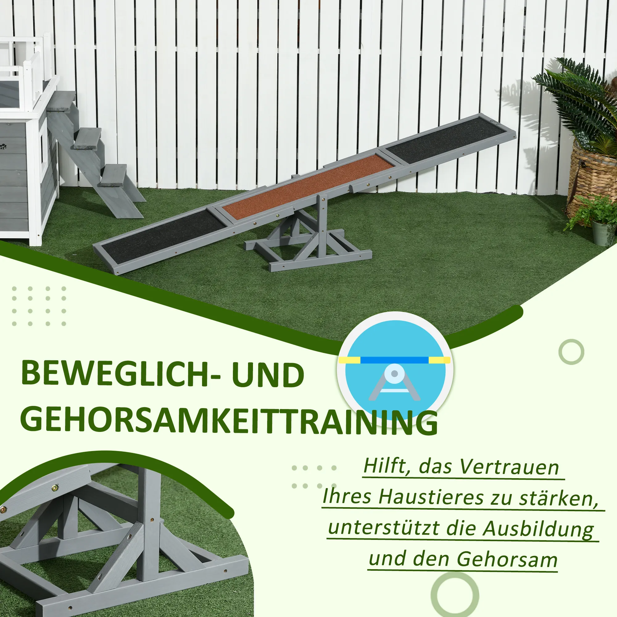 Hundewippe Agility aus Tannenholz, rutschfest, 180x30x30 cm, Grau