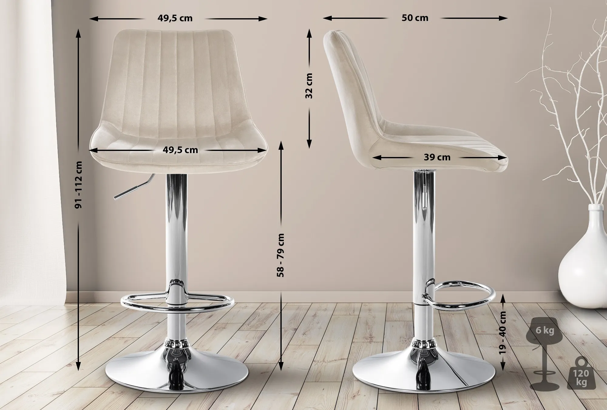 Barhocker Toni Samt 91-112x49.5x50 cm Creme