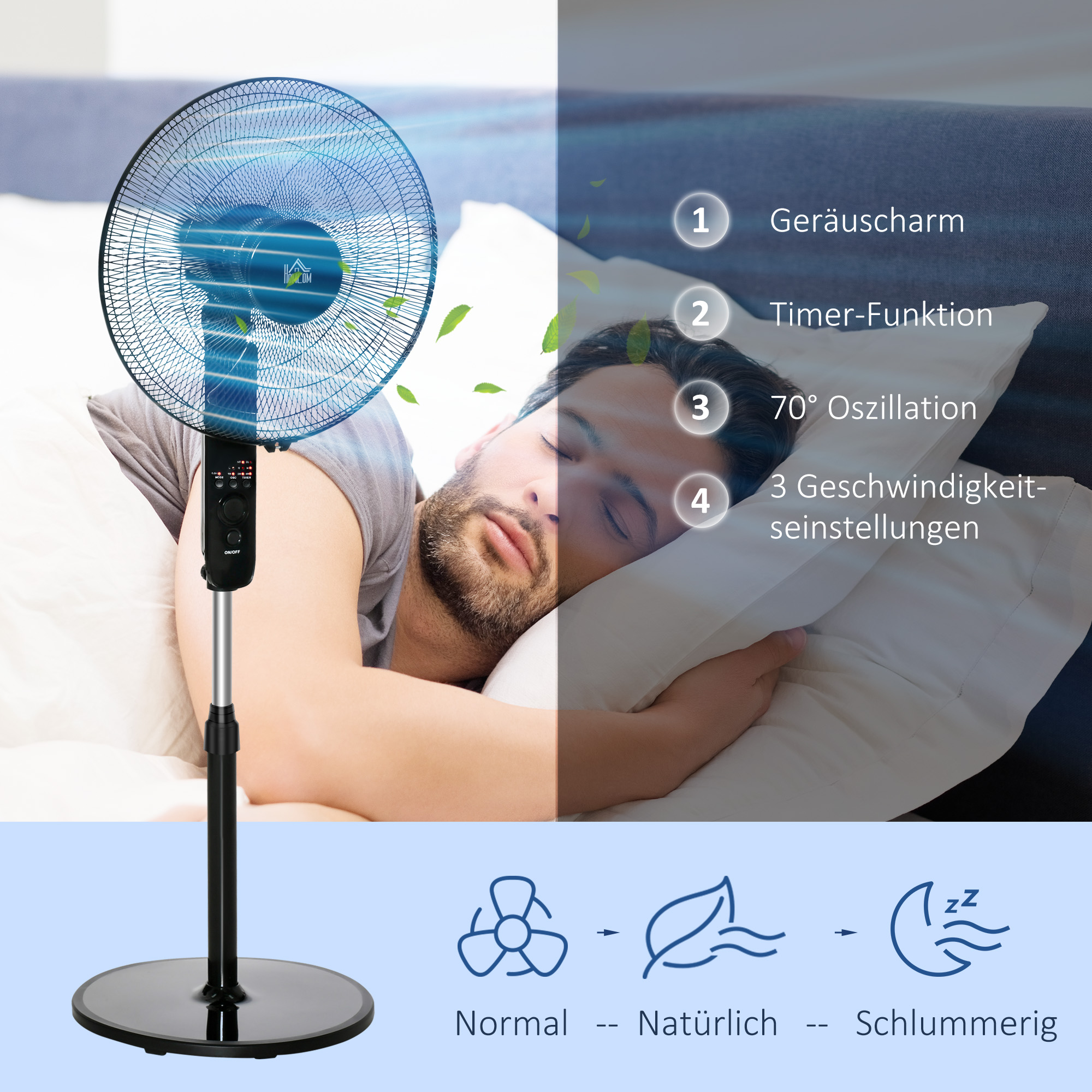 Standventilator mit Fernbedienung, Höhenverstellbarer Ventilator, 70° Oszillierender Lüfter, 3 Geschwindigkeitsstufen, Verstellbarer Neigungswinkel, 7,5h Timer, Ø44,5 x 110-124 cm, Schwarz