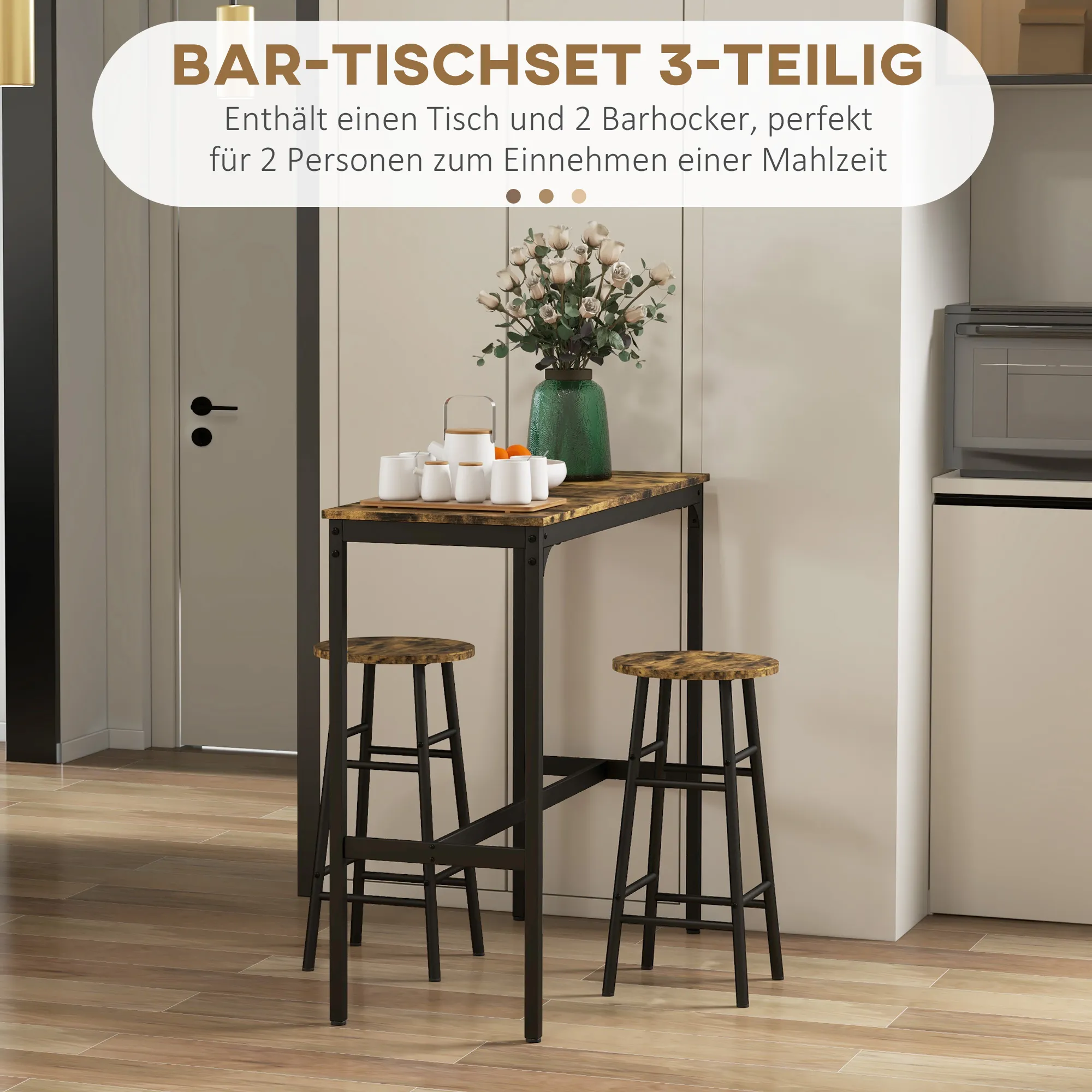 Bartisch-Set für 2 Personen, 105x40x90 cm, Rustikales Braun