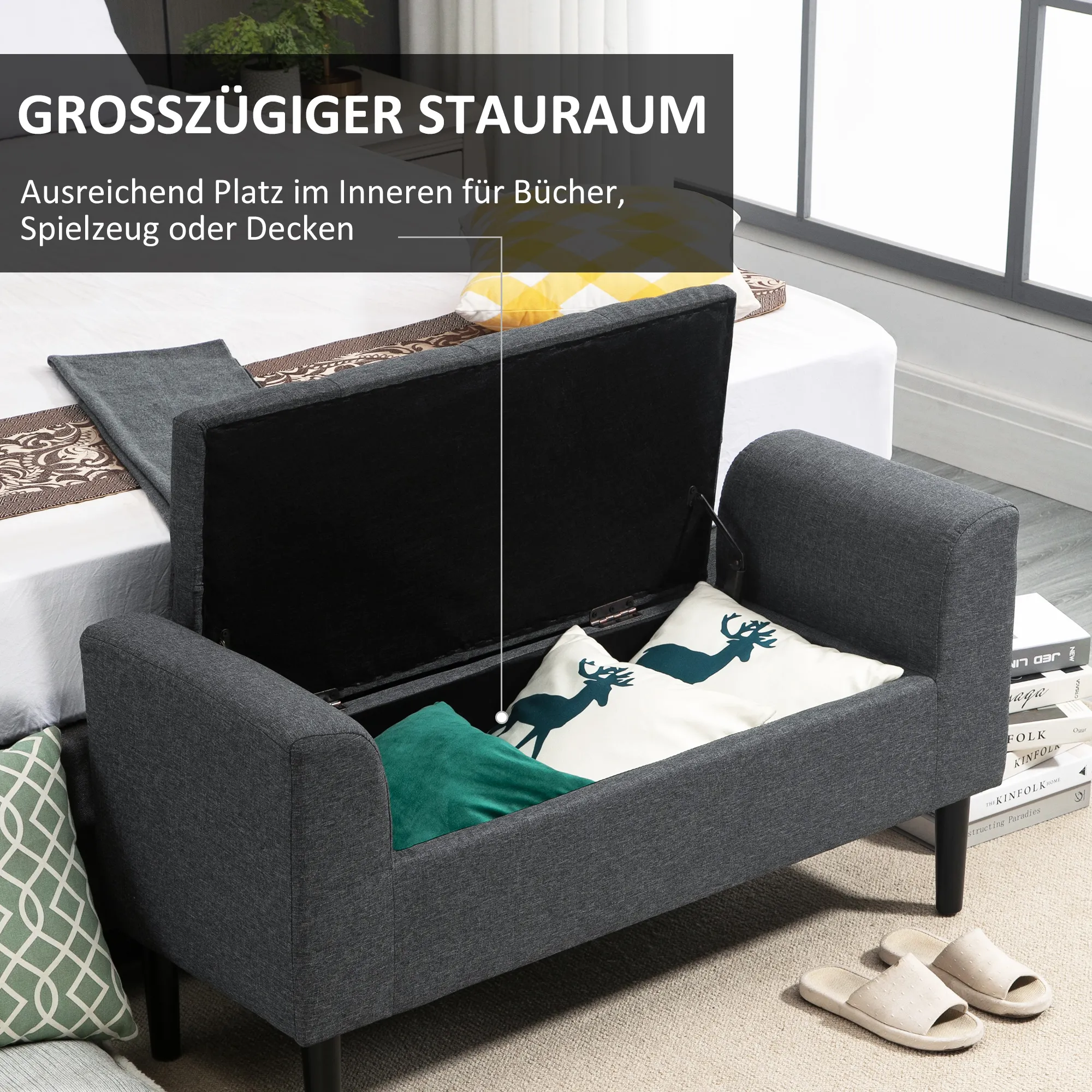 Sitzhocker Dunkelgrau 116L x 44B x 58H cm mit Stauraum