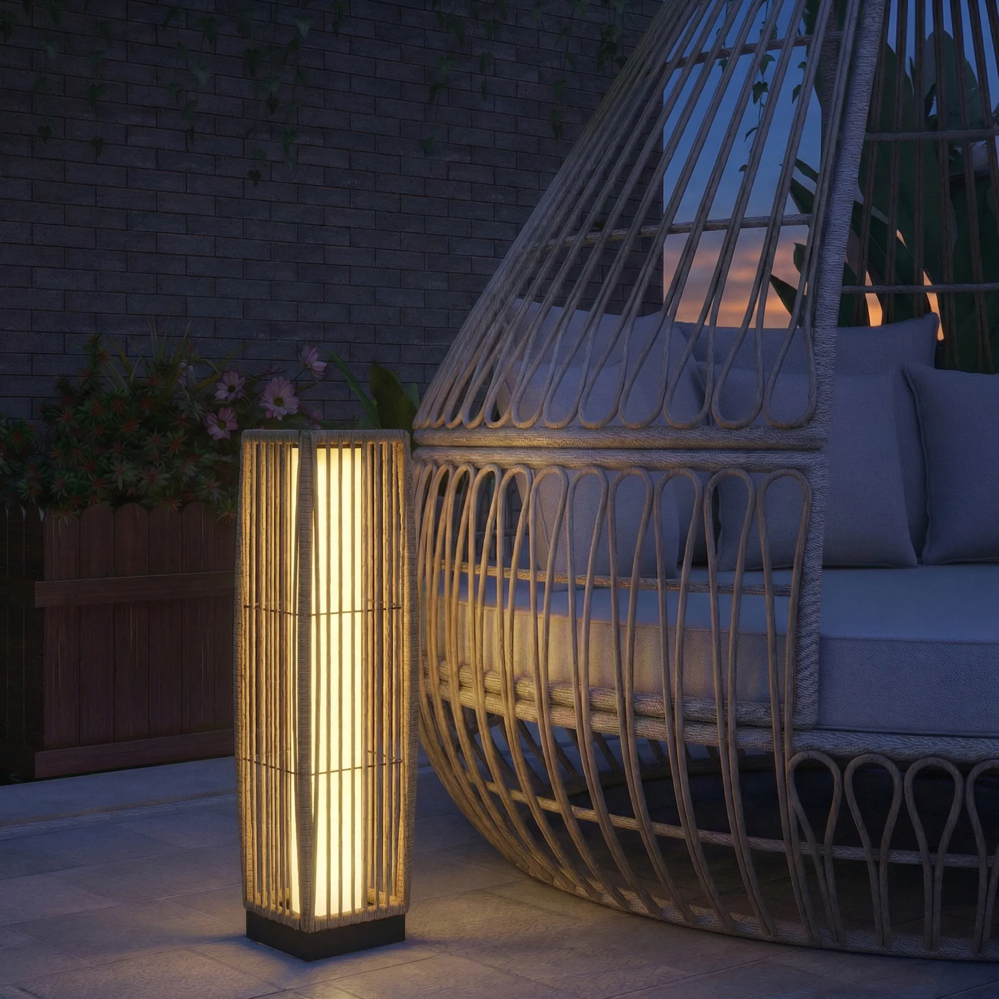 Solar Stehlampe Rattan Boho-Stil IP44, Sand, 19x19x68 cm