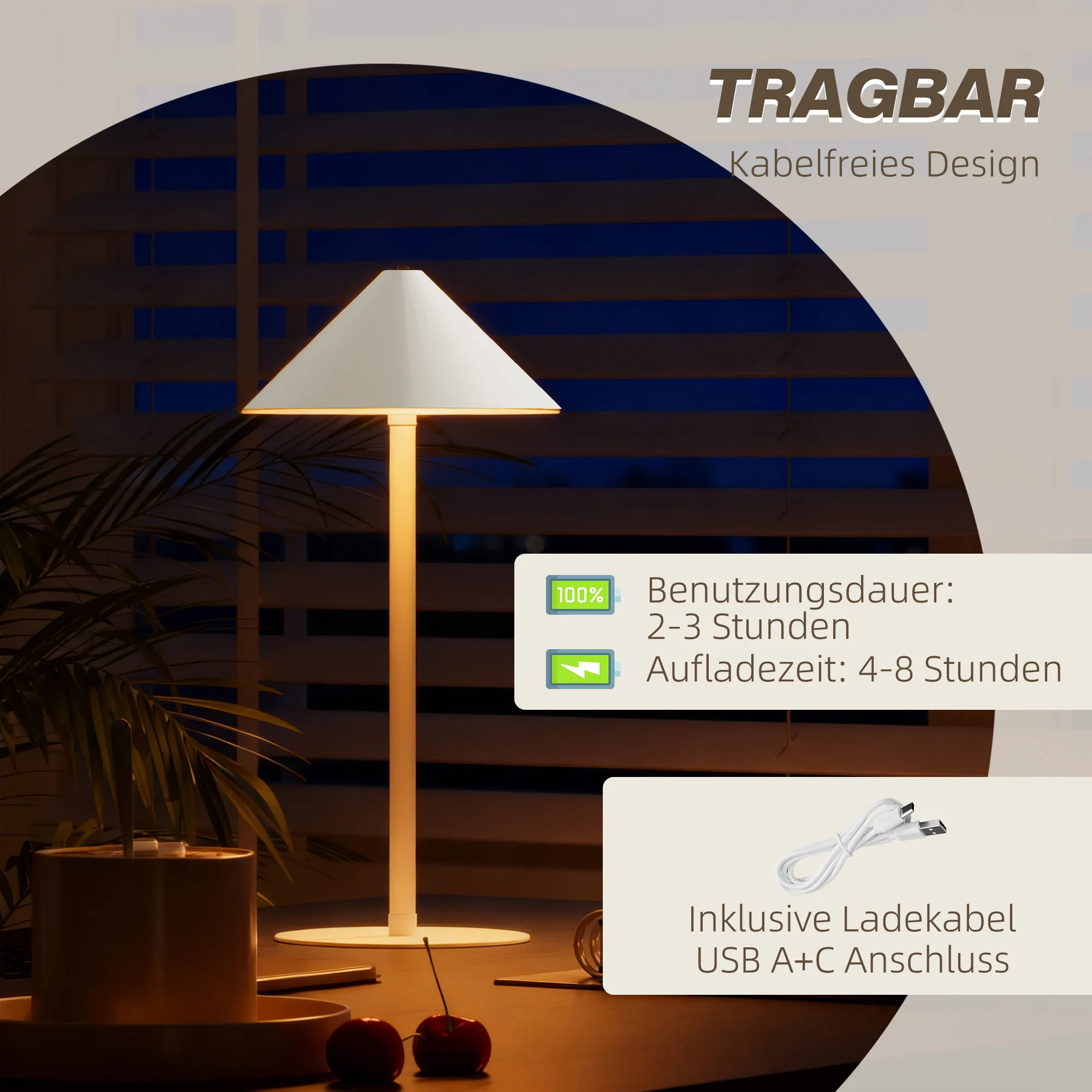 LED-Tischlampe wiederaufladbar aus Metall, Weiß, 31,5 cm Höhe