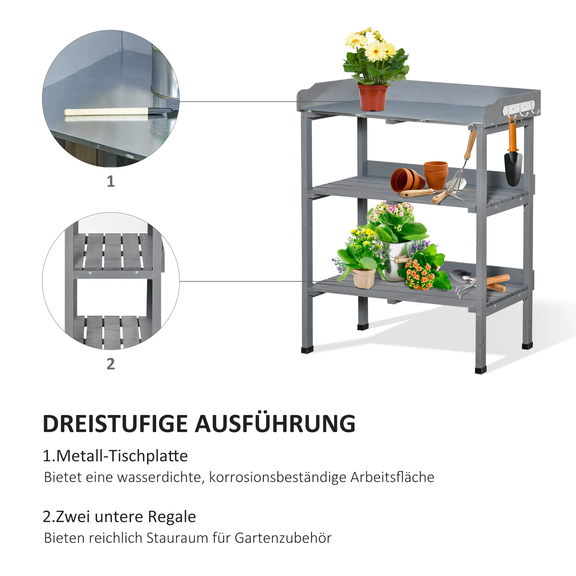 Pflanztisch 76L x 37B x 89H cm in Grau aus Massivholz