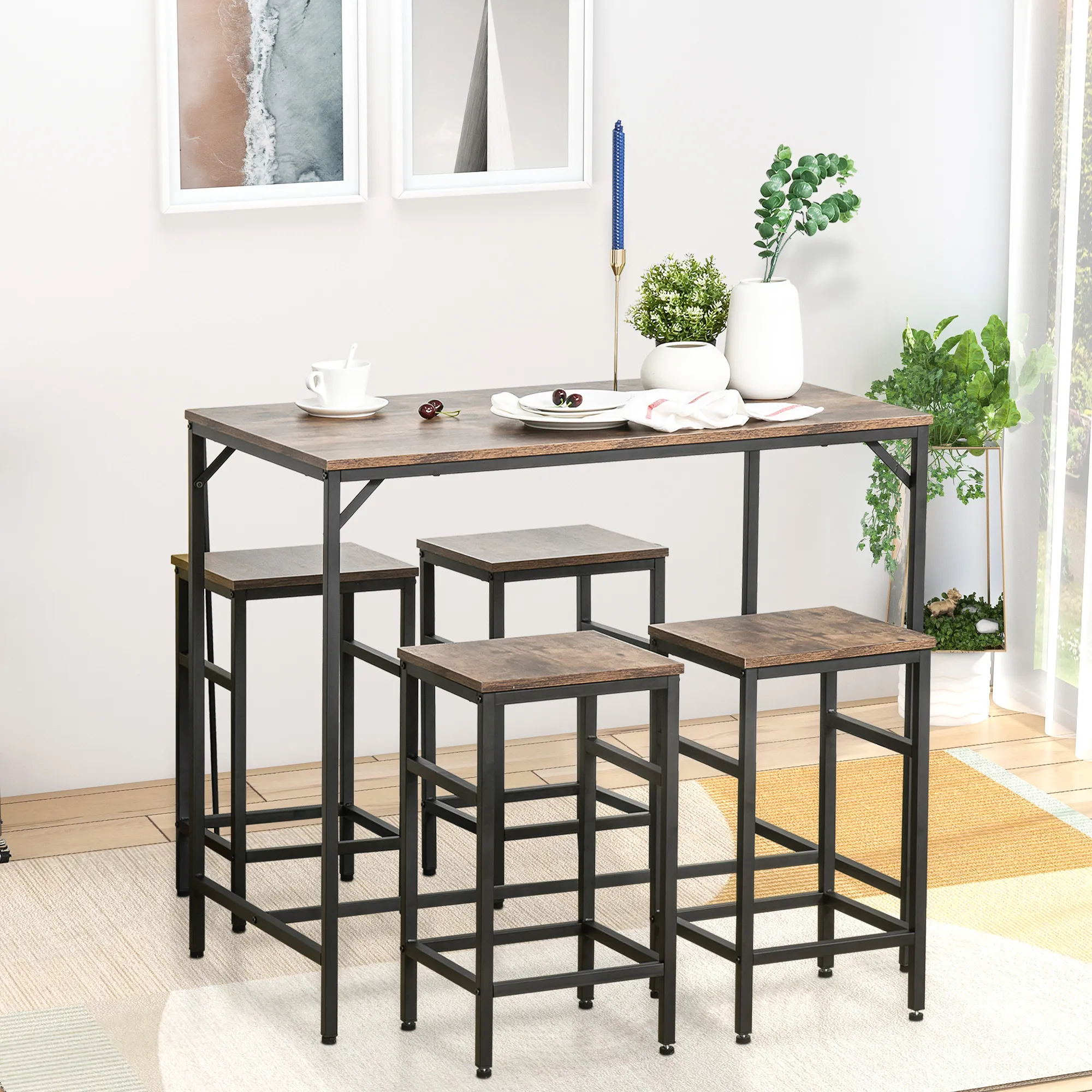 5-teiliges Esszimmer Set 100x60x88 cm Rustikal-Braun+Schwarz