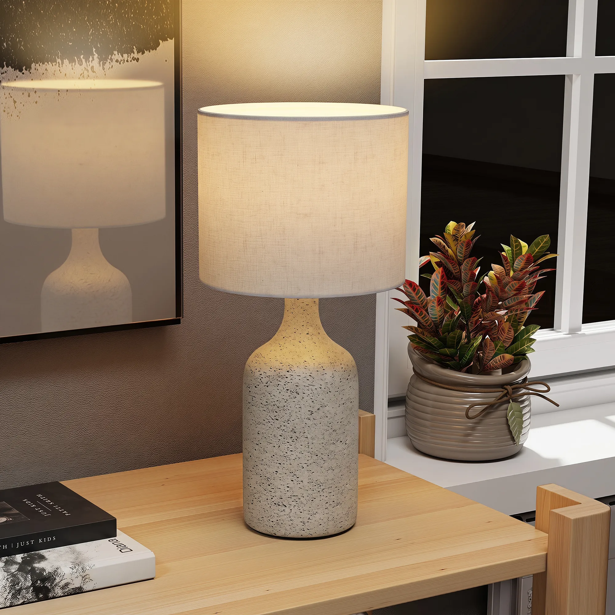 Tischlampe mit Keramiksockel und Leinenschirm, 45 cm, Sandfarben
