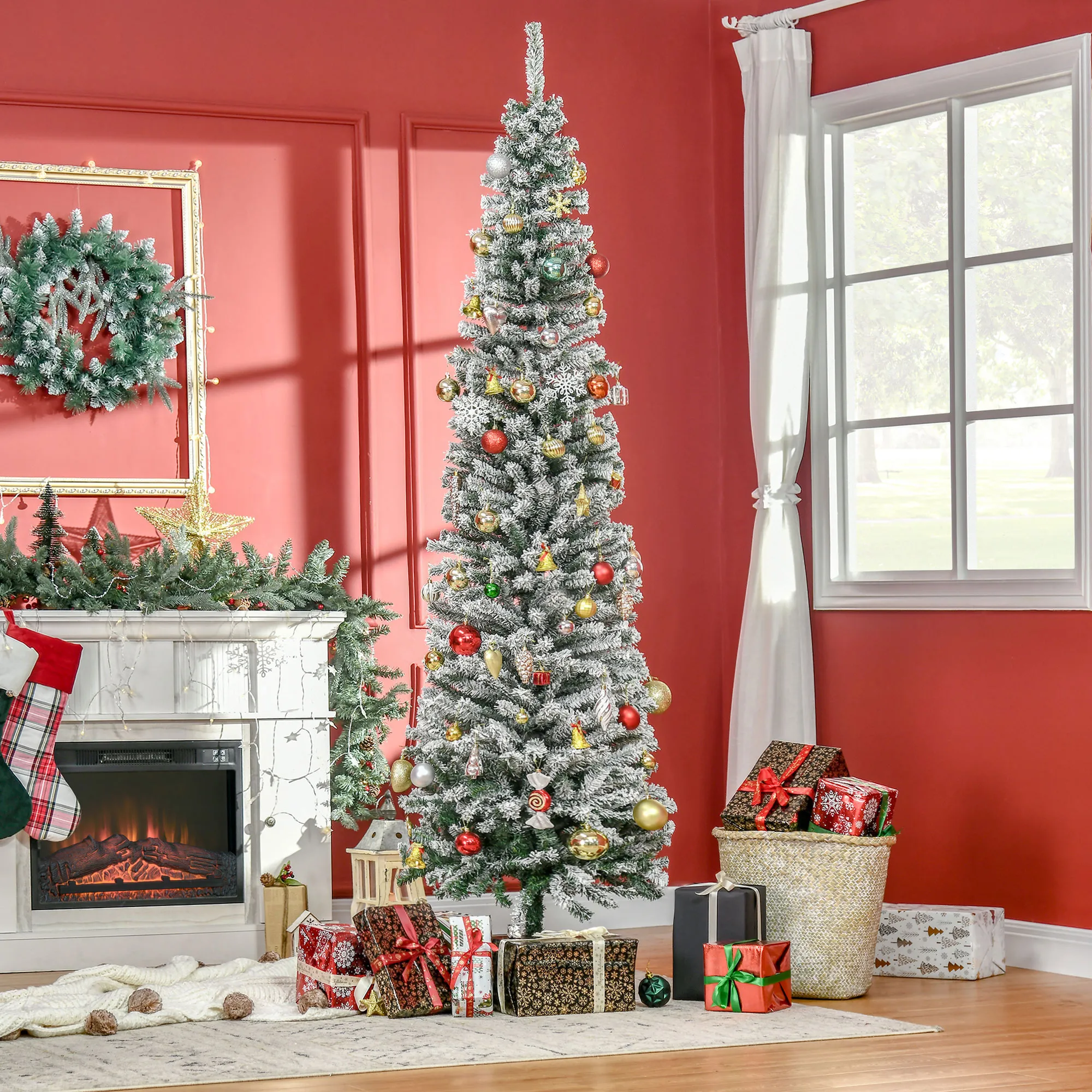 Künstlicher Weihnachtsbaum 225 cm Bleistift Kiefernbaum mit Schnee, 738 Spitzen für drinnen