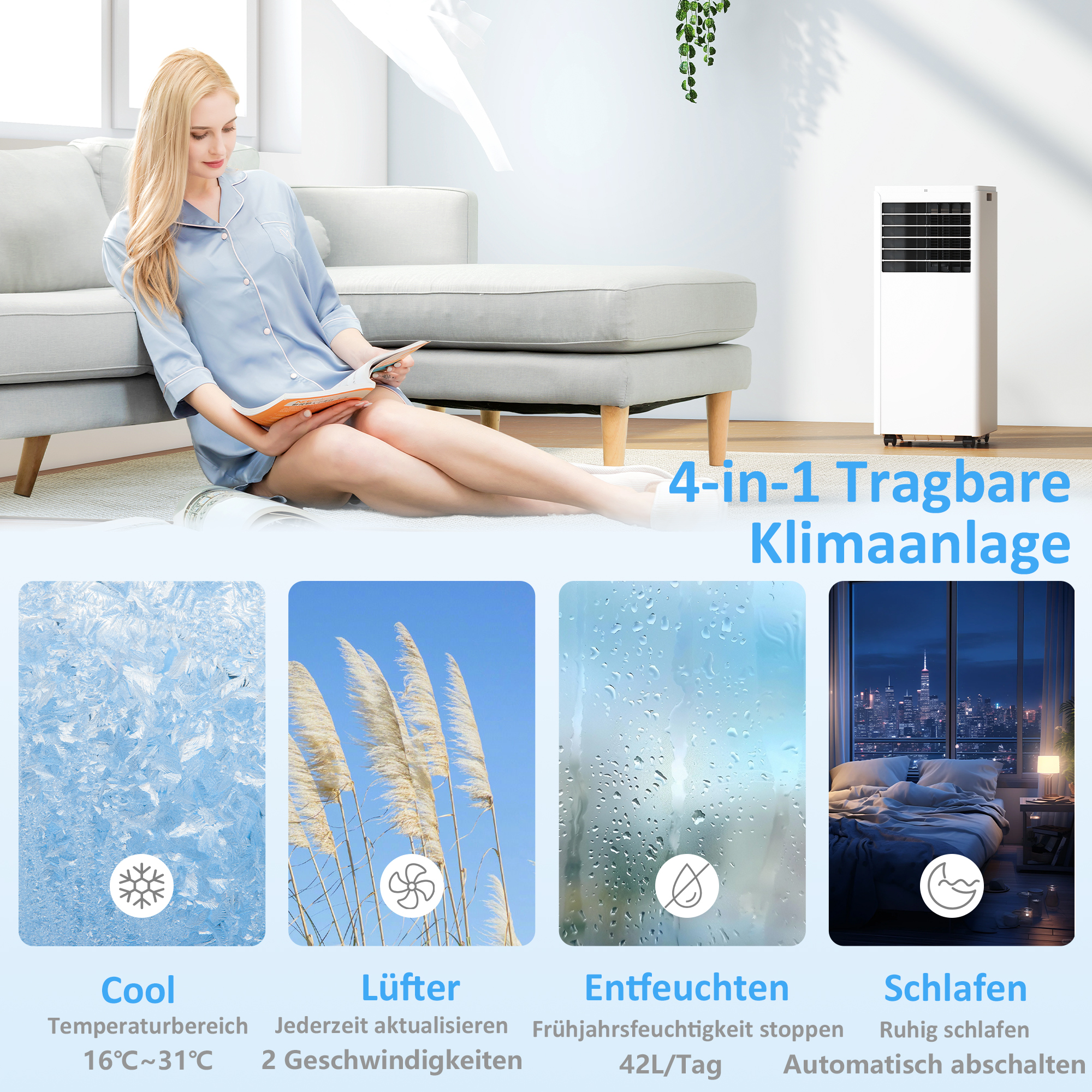 Tragbares Klimagerät 9000 BTU, 4-in-1 mit Kühlung, Entfeuchter, Ventilator, Schlafmodus