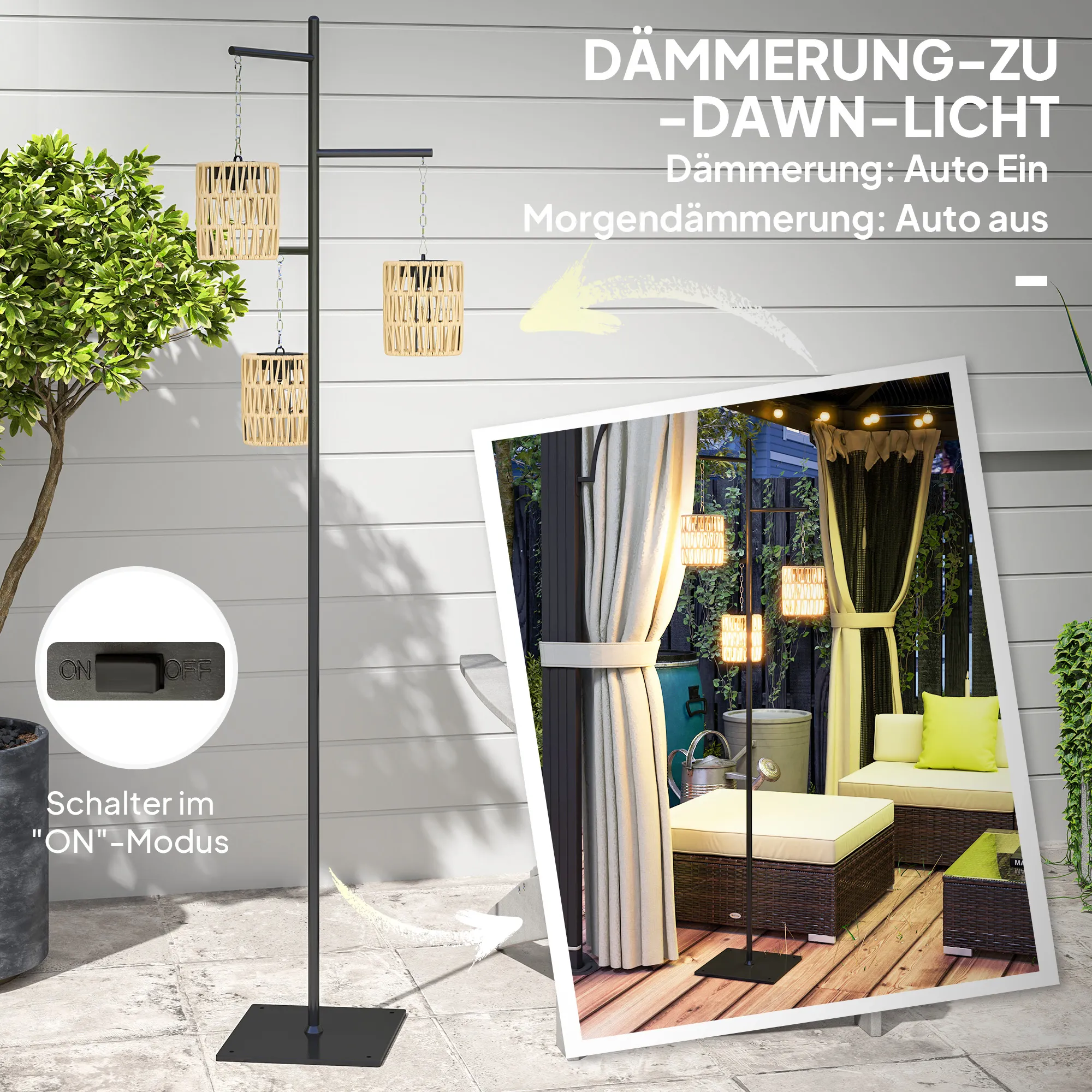 Solar Stehlampe Rattan Boho-Stil 3-flammig IP44 Gelb-Schwarz