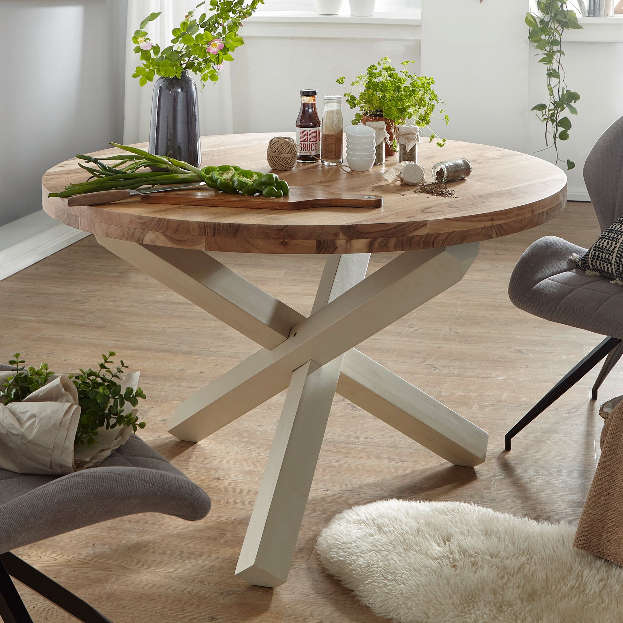 WOHNLING Design Esstisch BOHA rund 120 cm x 75 cm Akazie Massiv-Holz