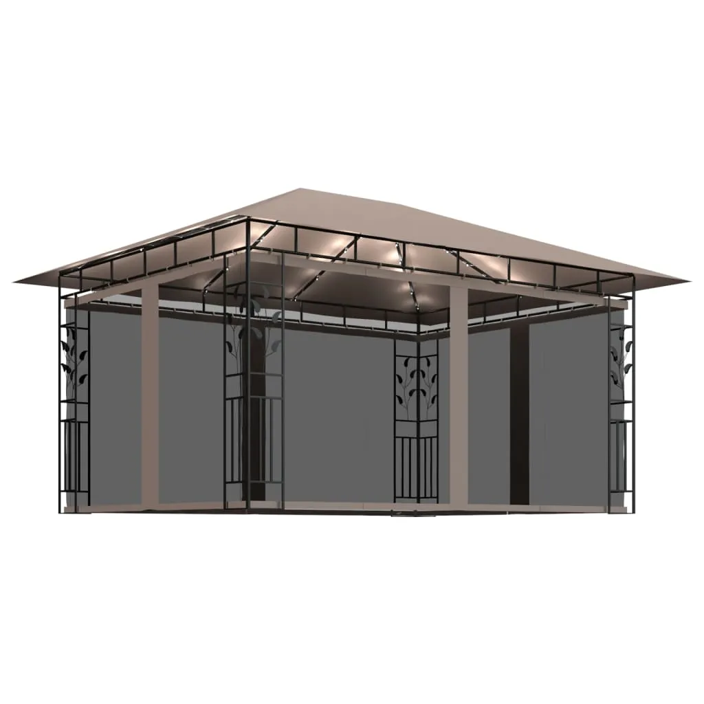 Pavillon 4x3x2,73 m Taupe mit Stahlrahmen und Solar-Lichterkette
