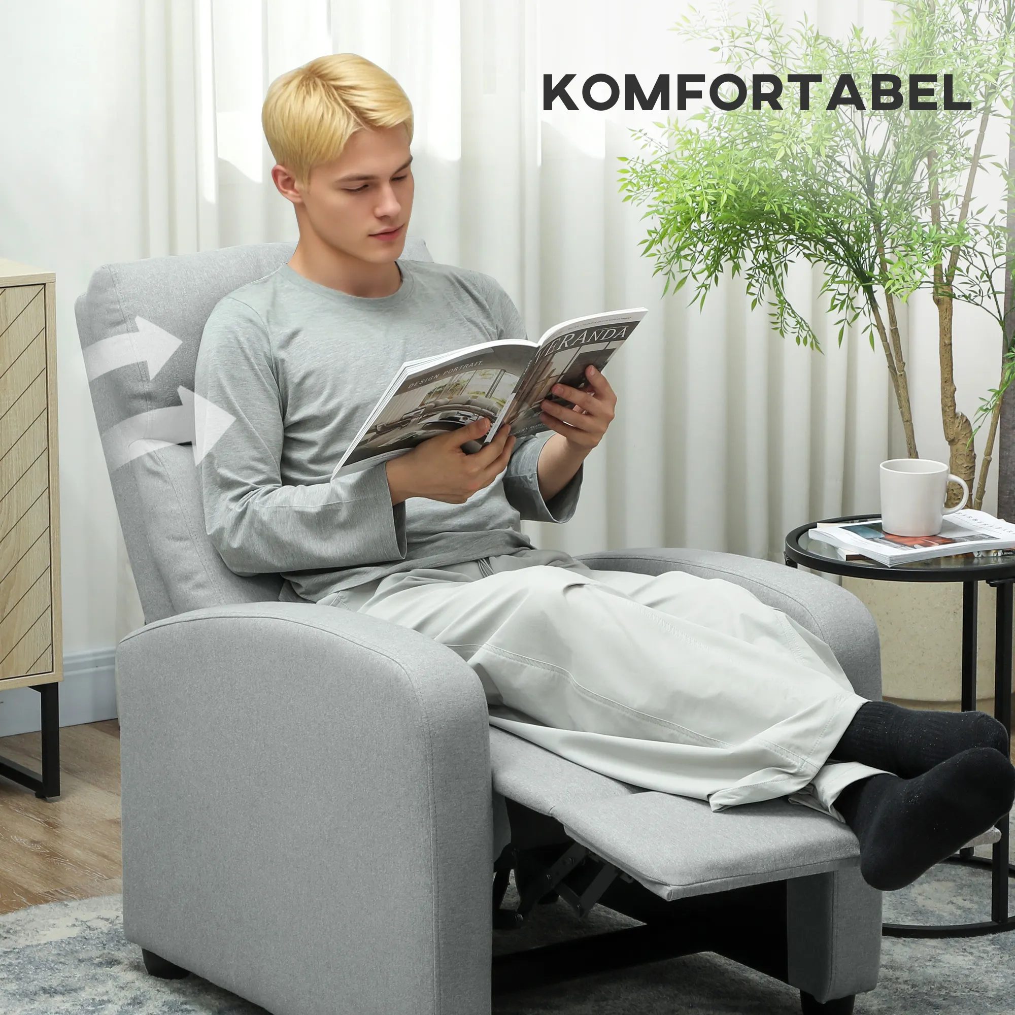 Relaxsessel, verstellbar 135°, ausziehbare Fußstütze, gepolsterte Lehnen, Leinen-Polyester, Hellgrau