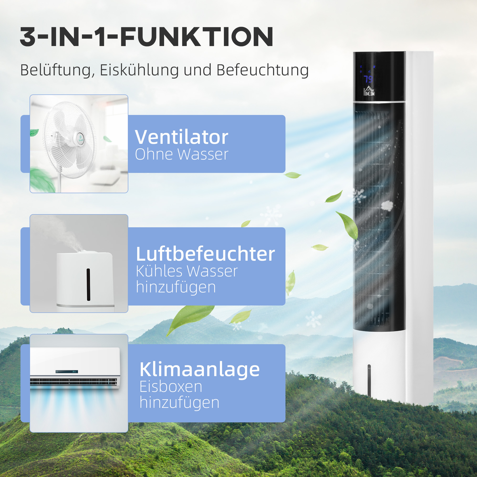 Säulenventilator mit Luftbefeuchter 33L x 26B x 105H cm Schwarz+Weiß