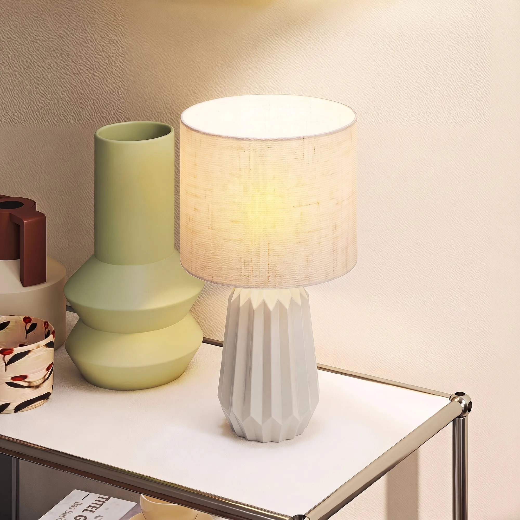 Tischlampe Nachttischlampe Keramik Leinen Beige 22x22x39 cm