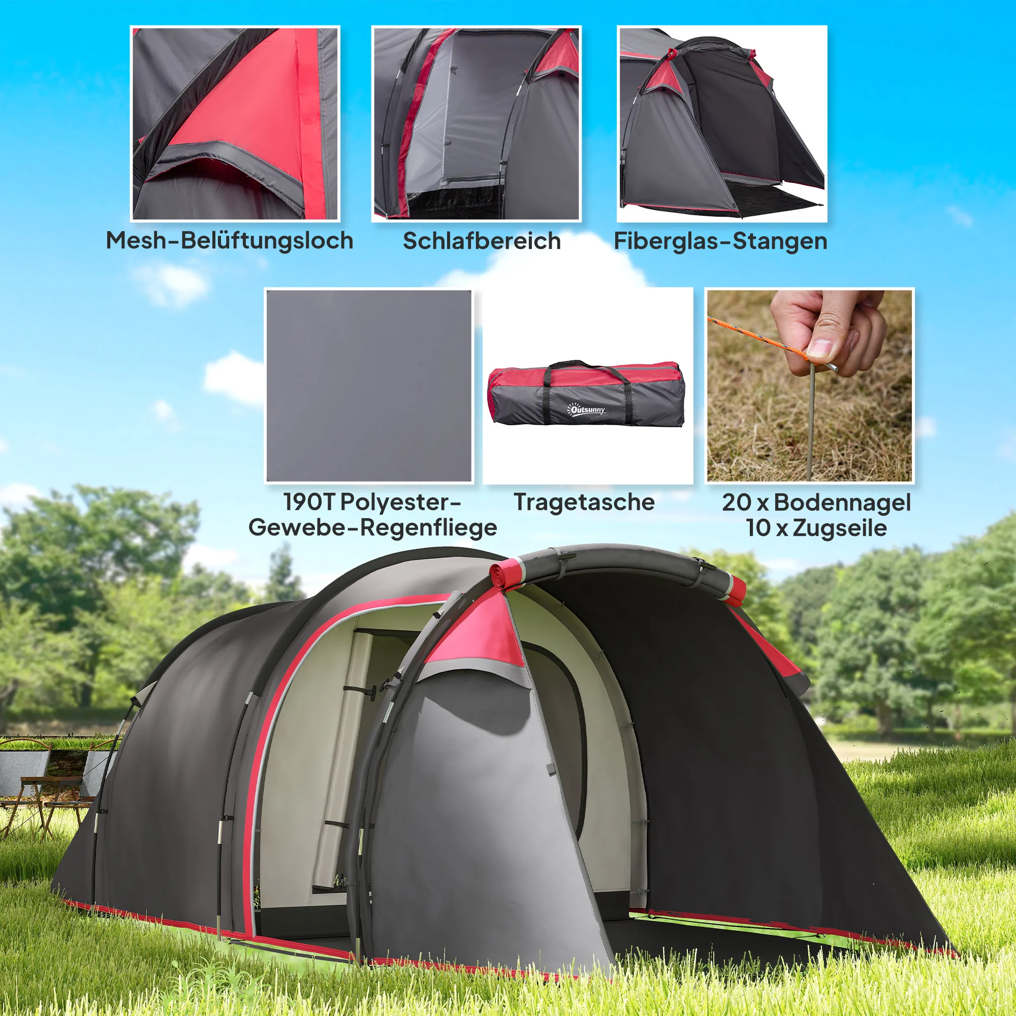 Campingzelt 2-3 Personen 426x206x154 cm Dunkelgrau