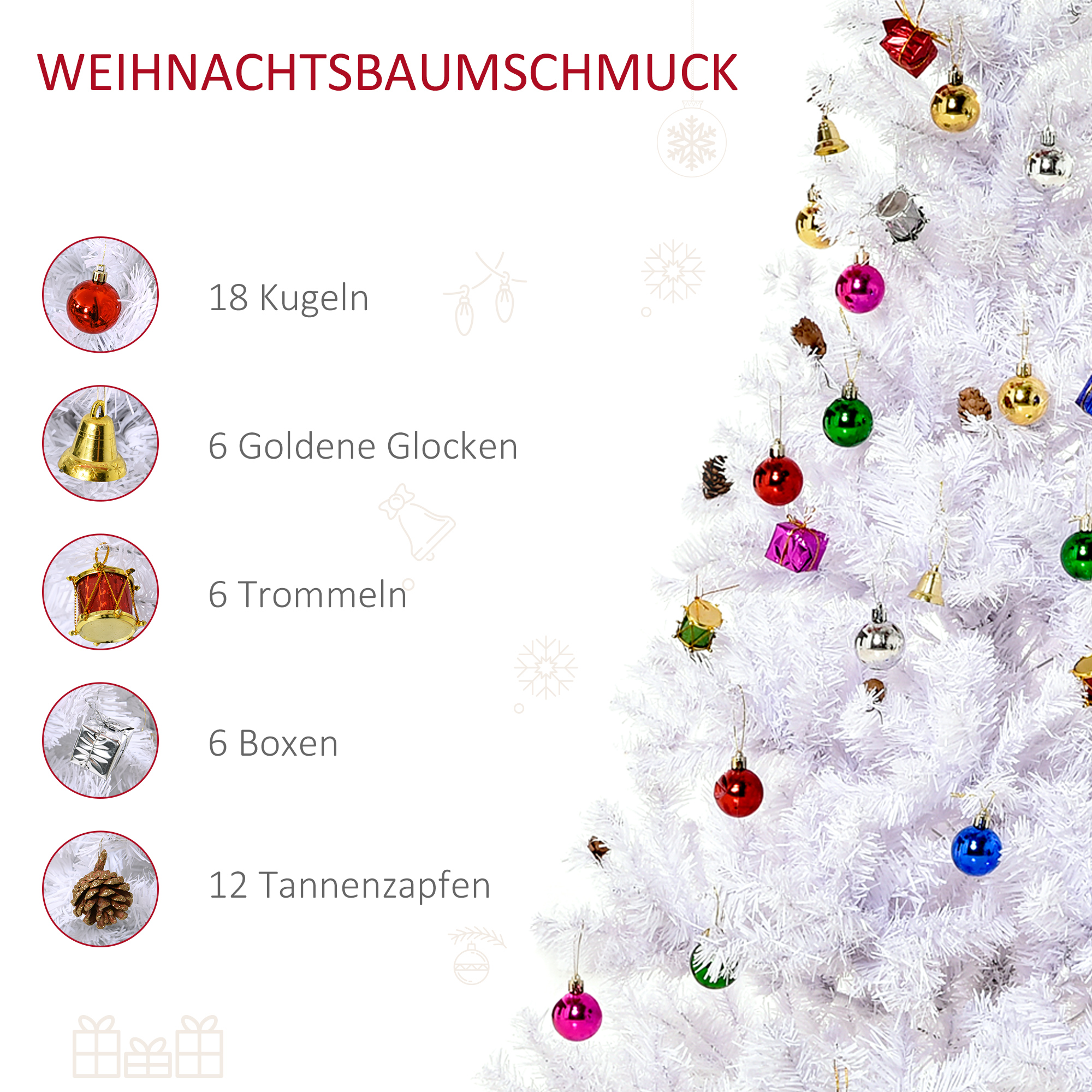 Künstlicher Weihnachtsbaum Weiß 150 cm mit Deko und Metallständer