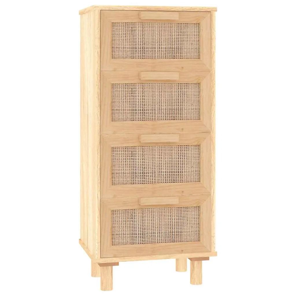 Sideboard Braun 40x30x90 cm Massivholz Kiefer und Natur-Rattan