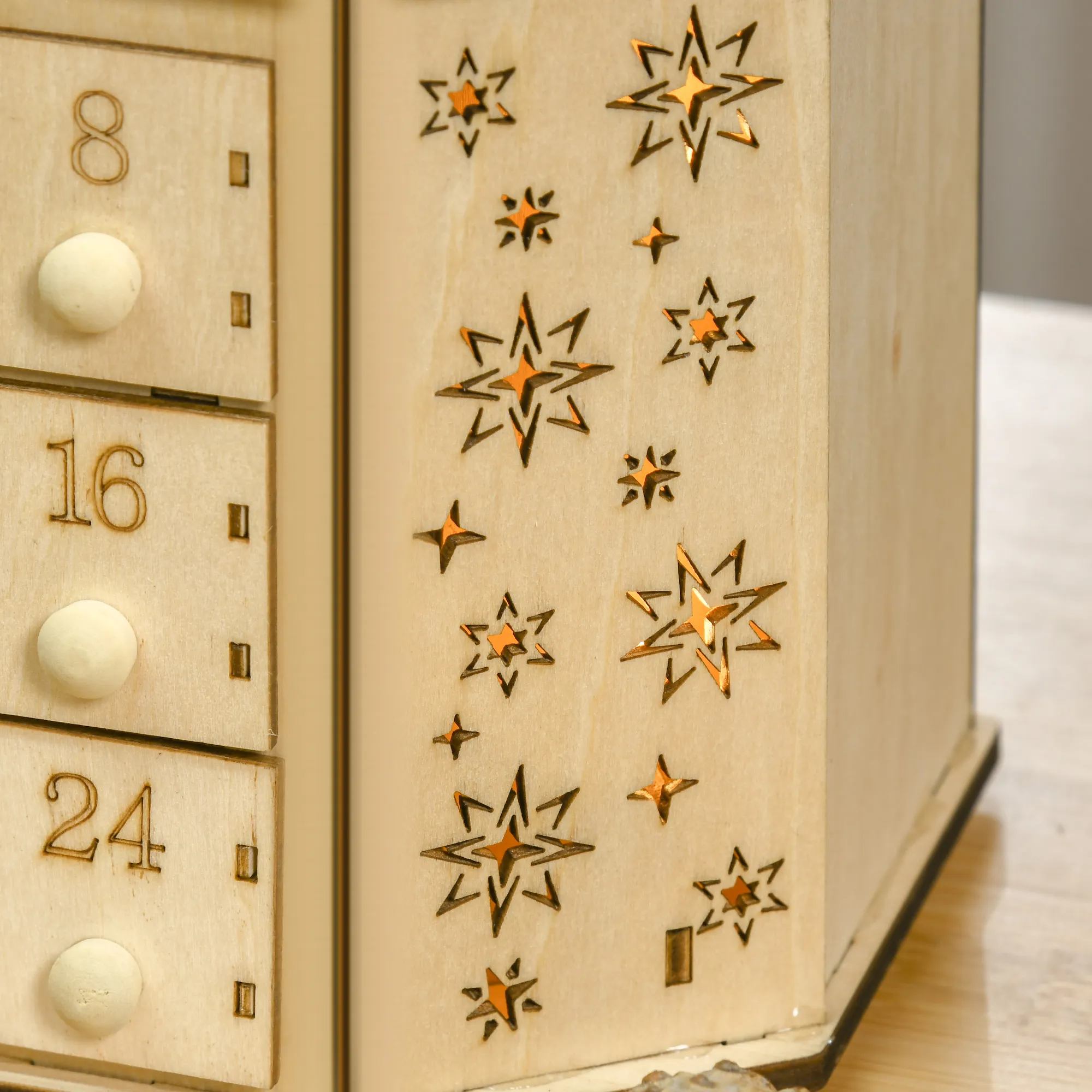 Adventskalender Weichnachtsdekoration Weihnachtsdeko, 24 Schubladen, LED-Lichter, 39 cm x 9 cm x 42 cm, Weiß + Grün