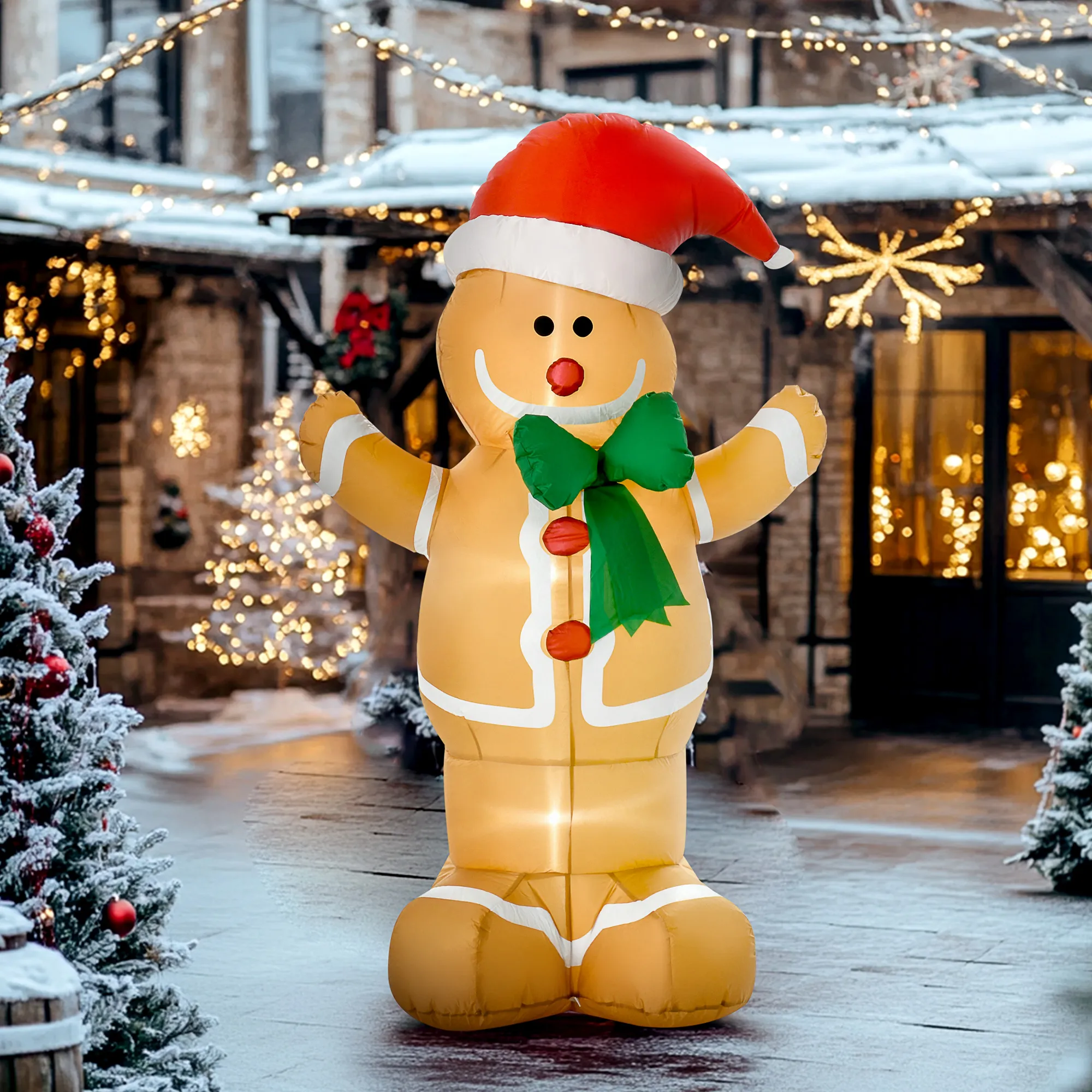 Aufblasbare Weihnachtsdeko 1,83 m Lebkuchenmann mit Schleife, 3 LEDs, internes Gebläse Gartendeko