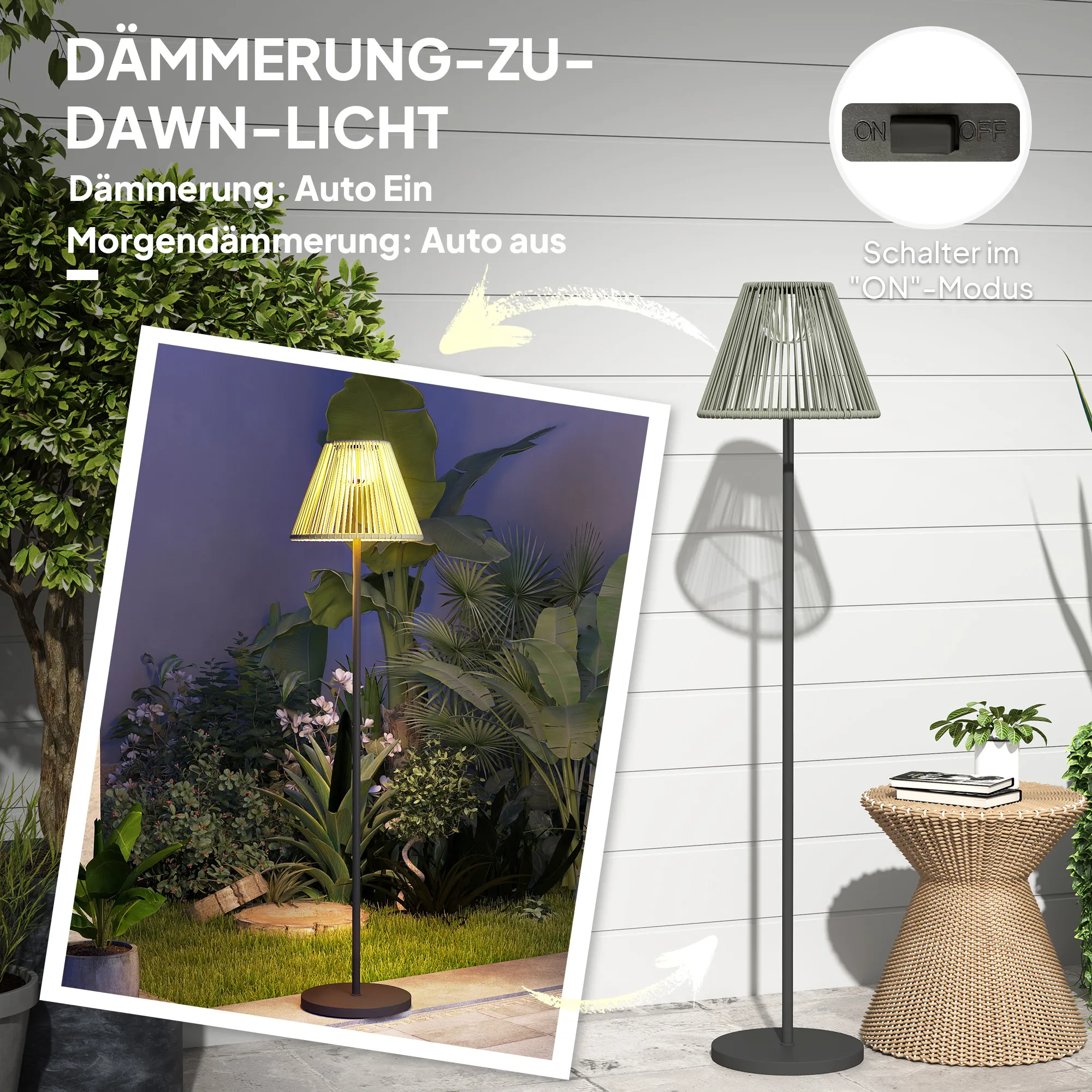 Solar Stehlampe Rattan Boho-Stil mit Lichtsensor Ø33 x 135 cm
