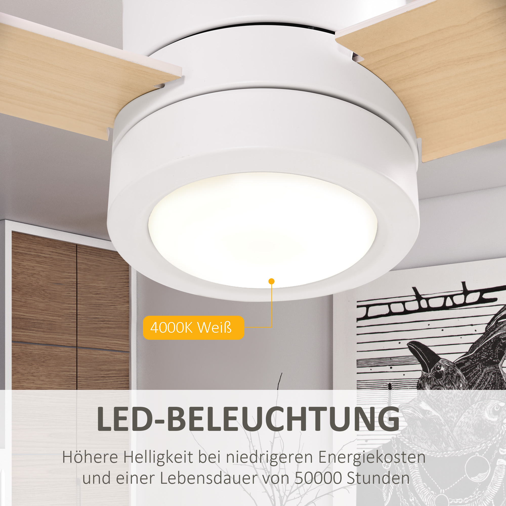 Weißer Deckenventilator mit Licht Ø112 x 25H cm