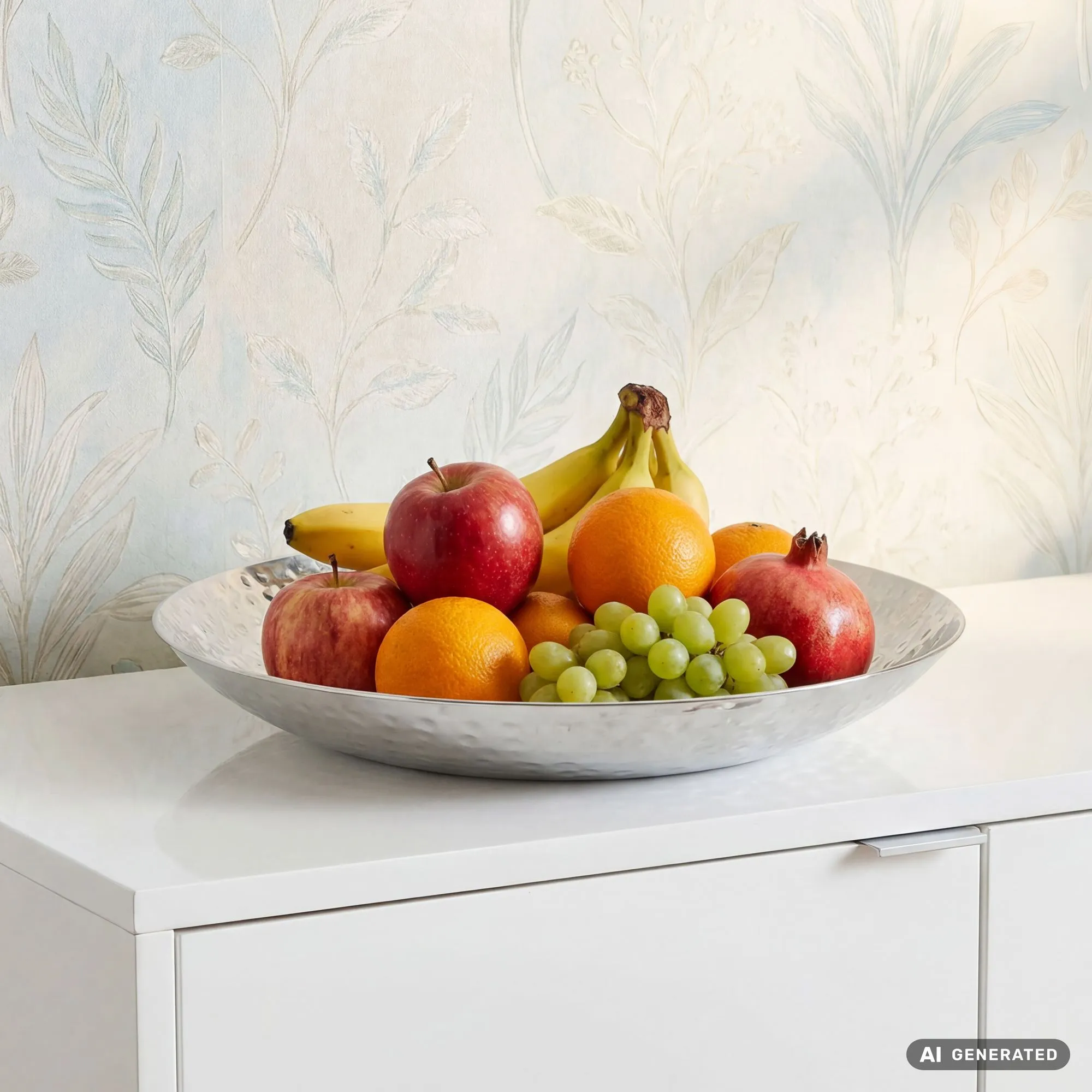 Obstschale rund aus Aluminium 50 cm Hammerschlag Silber Handmade