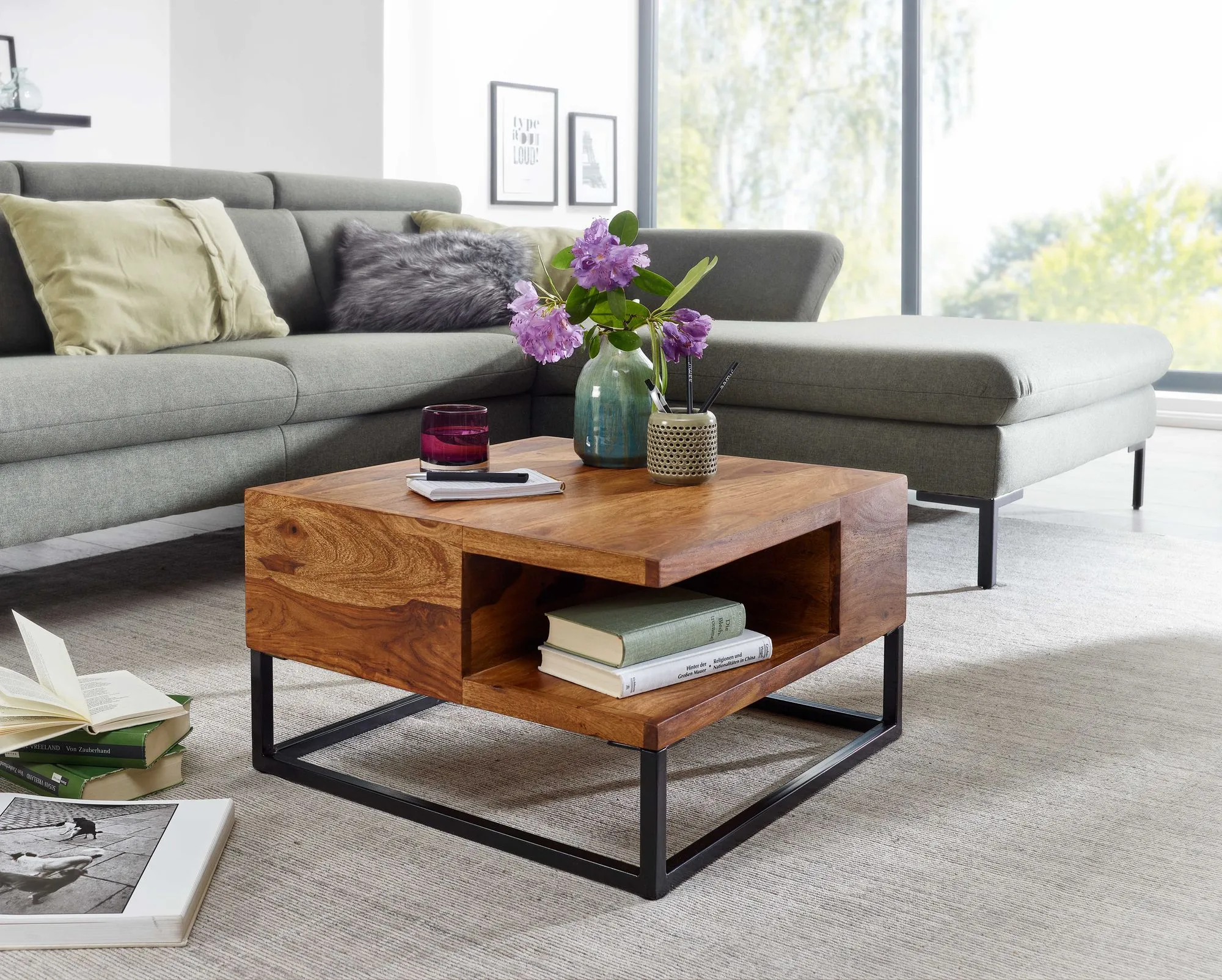 tinkaro Couchtisch quadratisch MIO Sheesham Massivholz Sofatisch Braun