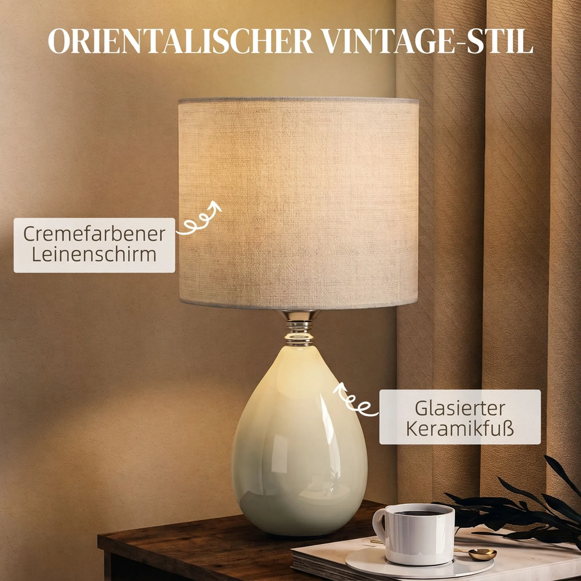 Tischlampe Vintage Keramik mit Leinenschirm, Cremeweiß, 35 cm