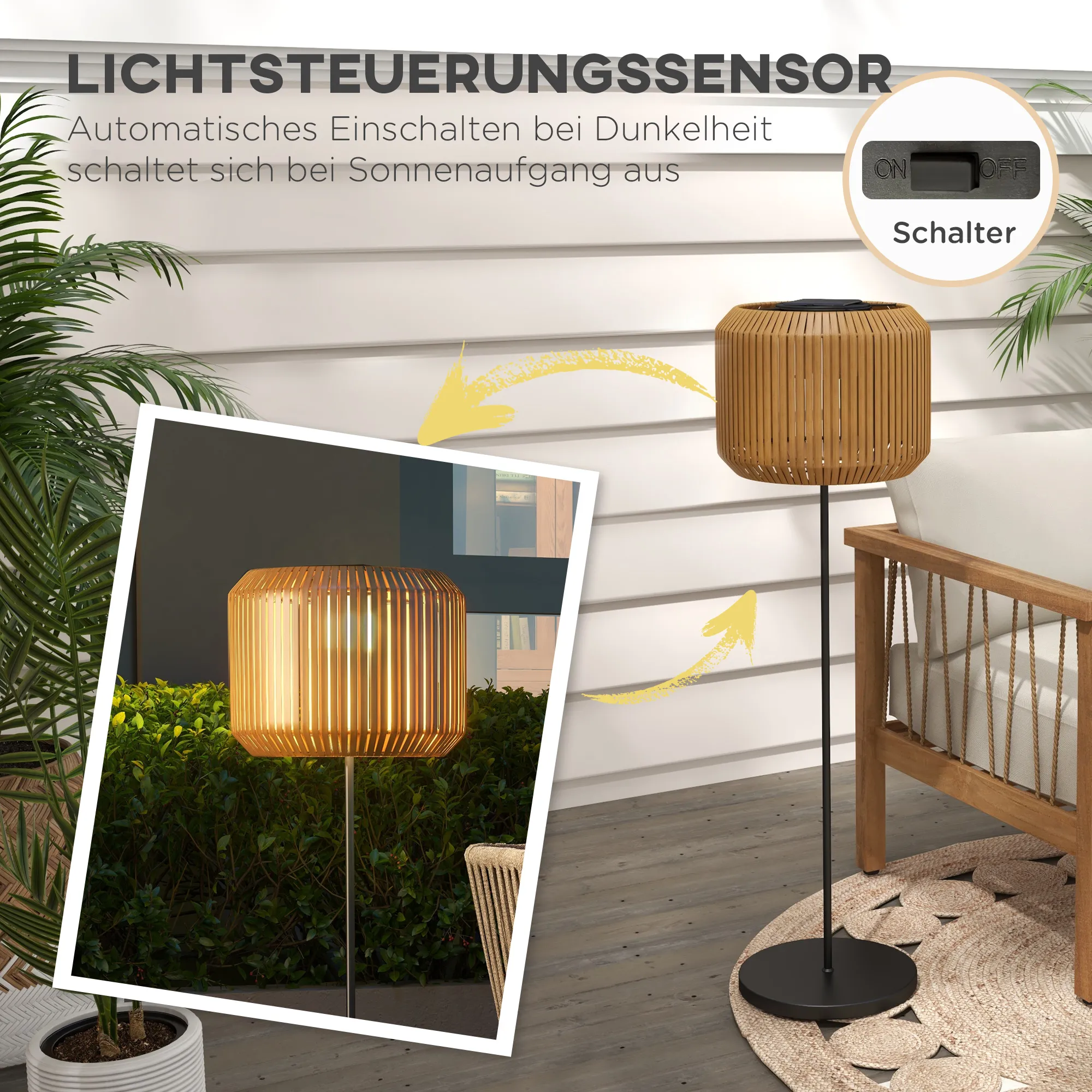 Solar Gartenleuchte Rattan Stehleuchte Ø34 x 130cm Gelb
