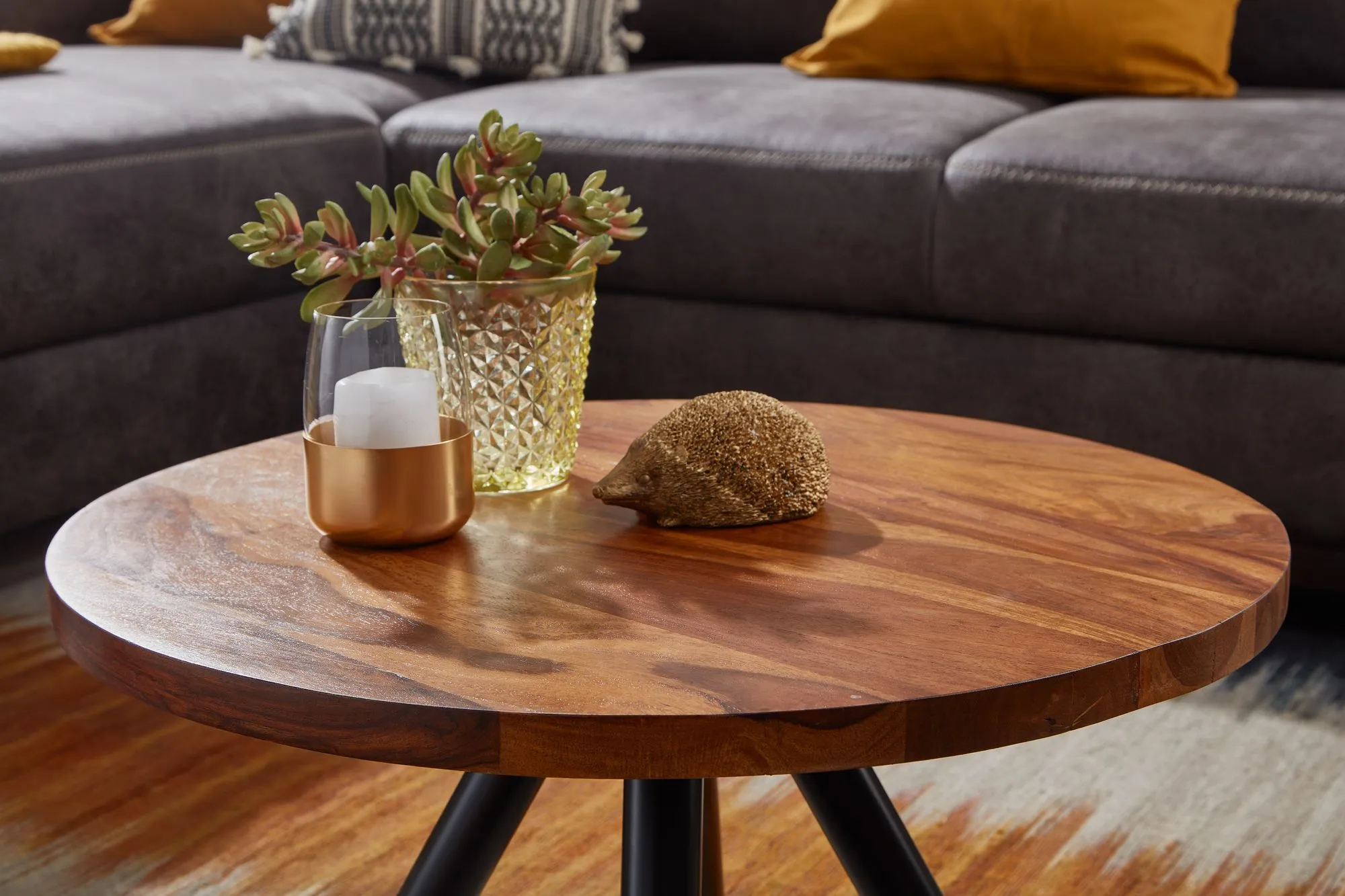 tinkaro Couchtisch rund THOAS Sheesham Massivholz Wohnzimmertisch Braun
