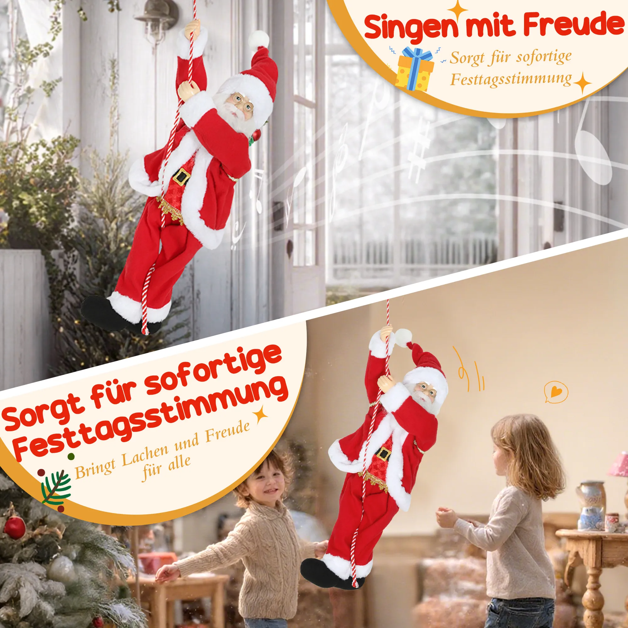 Weihnachtsmann 60 cm Singend und Kletternd Weihnachtsmann mit Geschenk Seil Soundfunktion Indoor, Rot