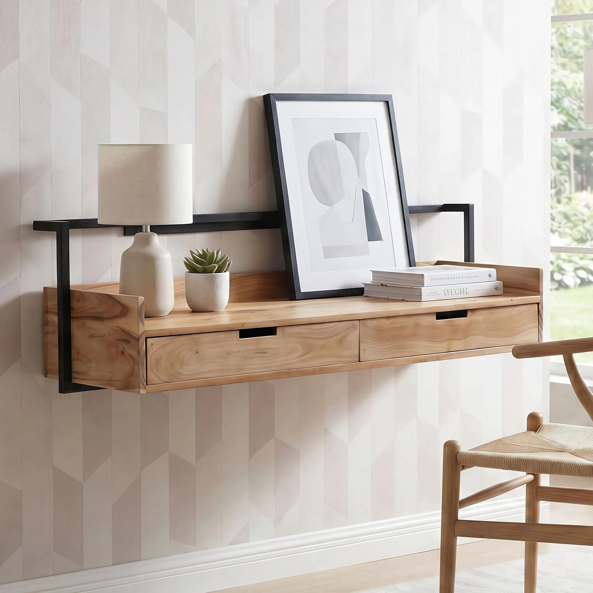 Wandschreibtisch Akazie Massivholz 120cm mit 2 Schubladen - Design Schreibtisch für die Wand Hängend mit Stauraum - Schwebend Handmade