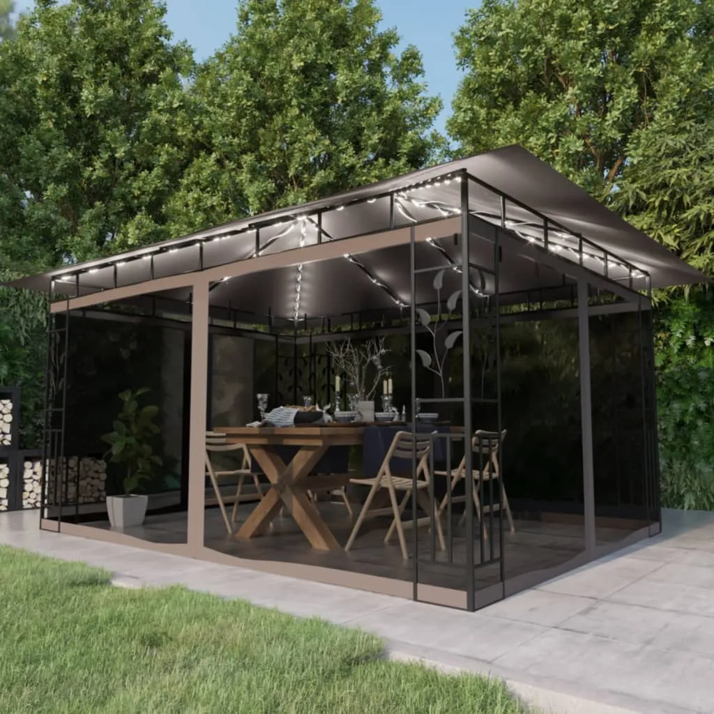 Pavillon 4x3x2,73 m Taupe mit Stahlrahmen und Solar-Lichterkette