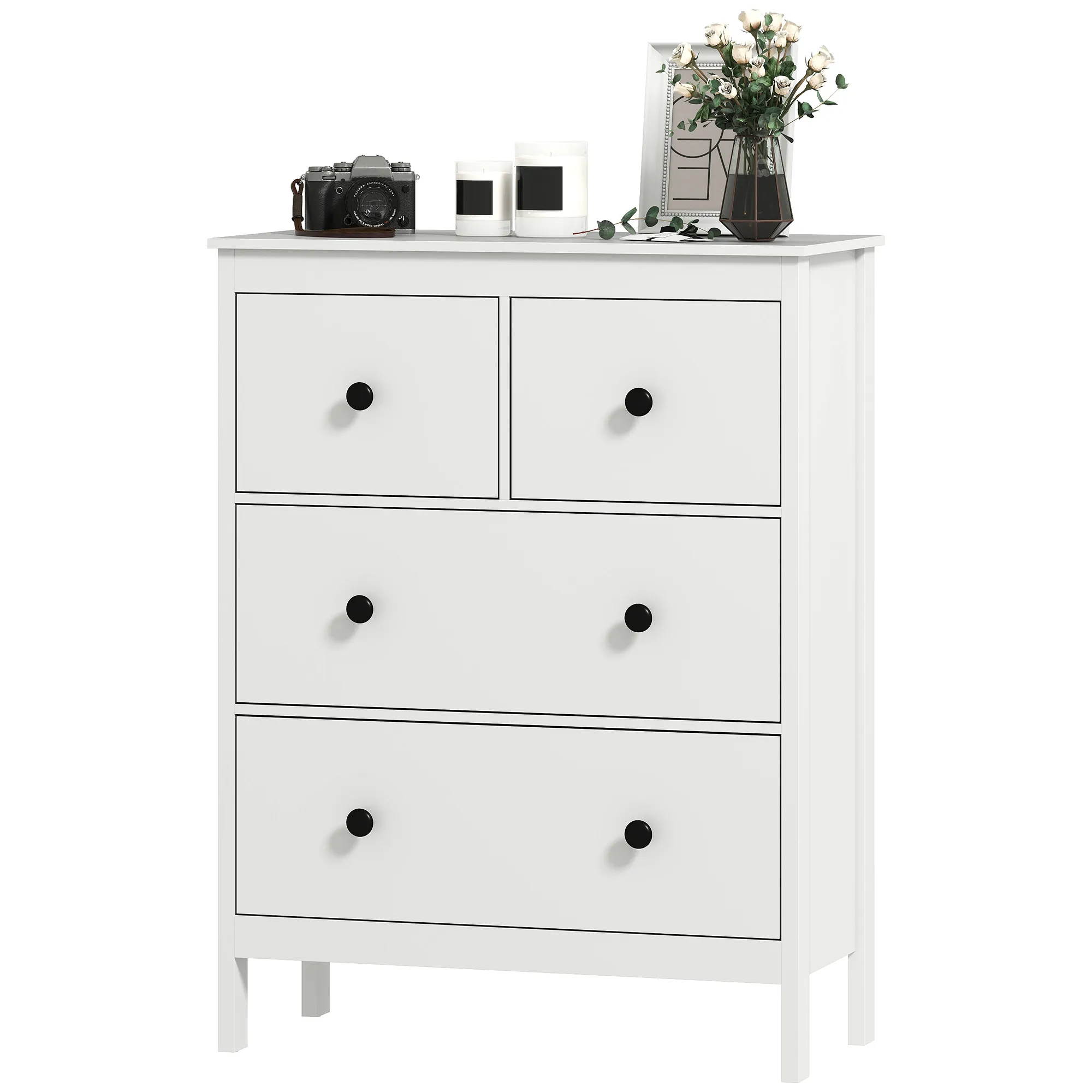 Kommode mit 4 Schubladen, für Kleidung & Bettwäsche, Wohnzimmer, Schlafzimmer, Flur, Spanplatte, Weiß Kommode mit 4 Schubladen, für Kleidung & Bettwäsche, Wohnzimmer, Schlafzimmer, Flur, Spanplatte, Weiß